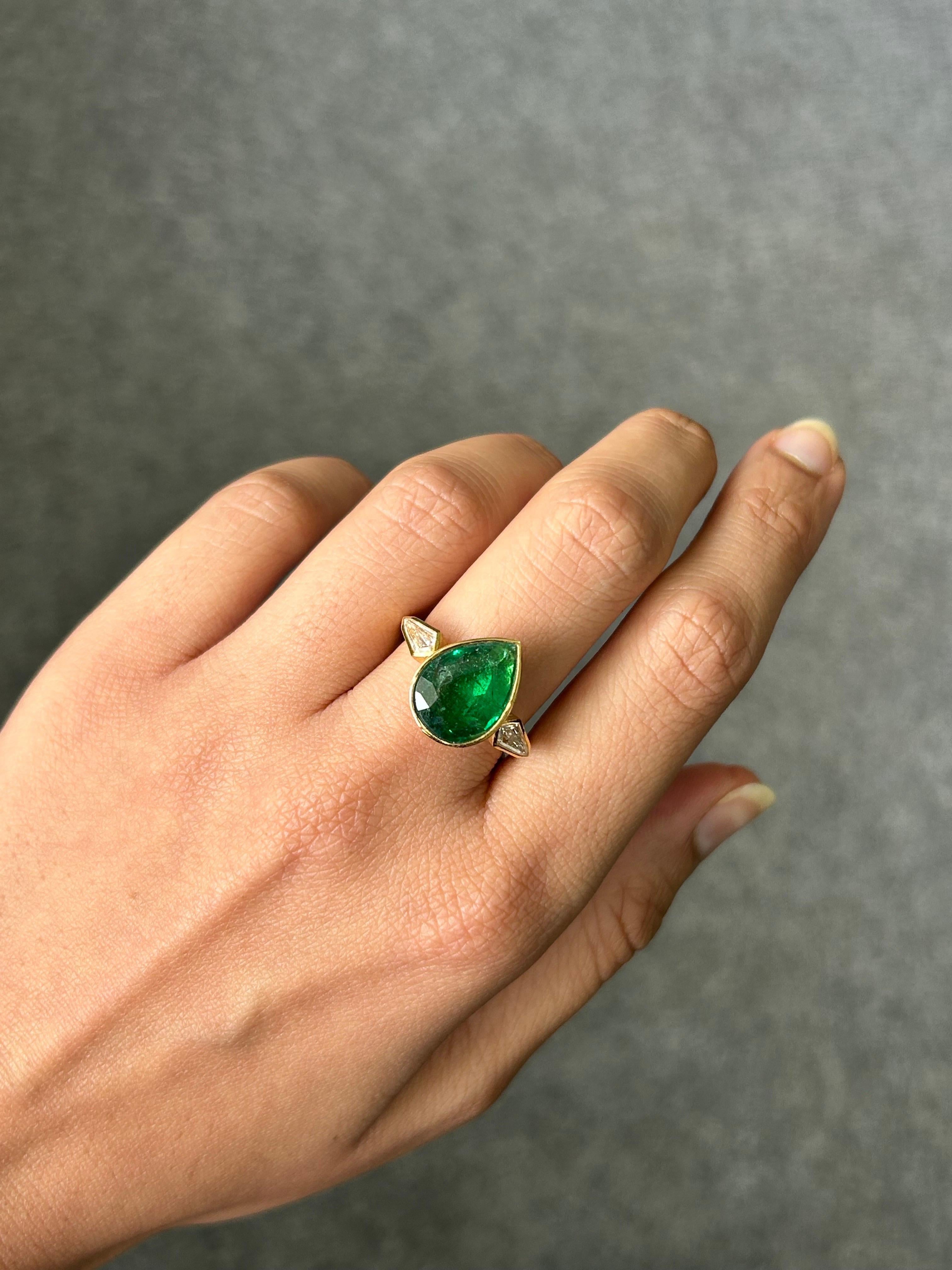 Certified 4.68 Carat Pear Shape Emerald and Diamond Three Stone Ring For Sale 5