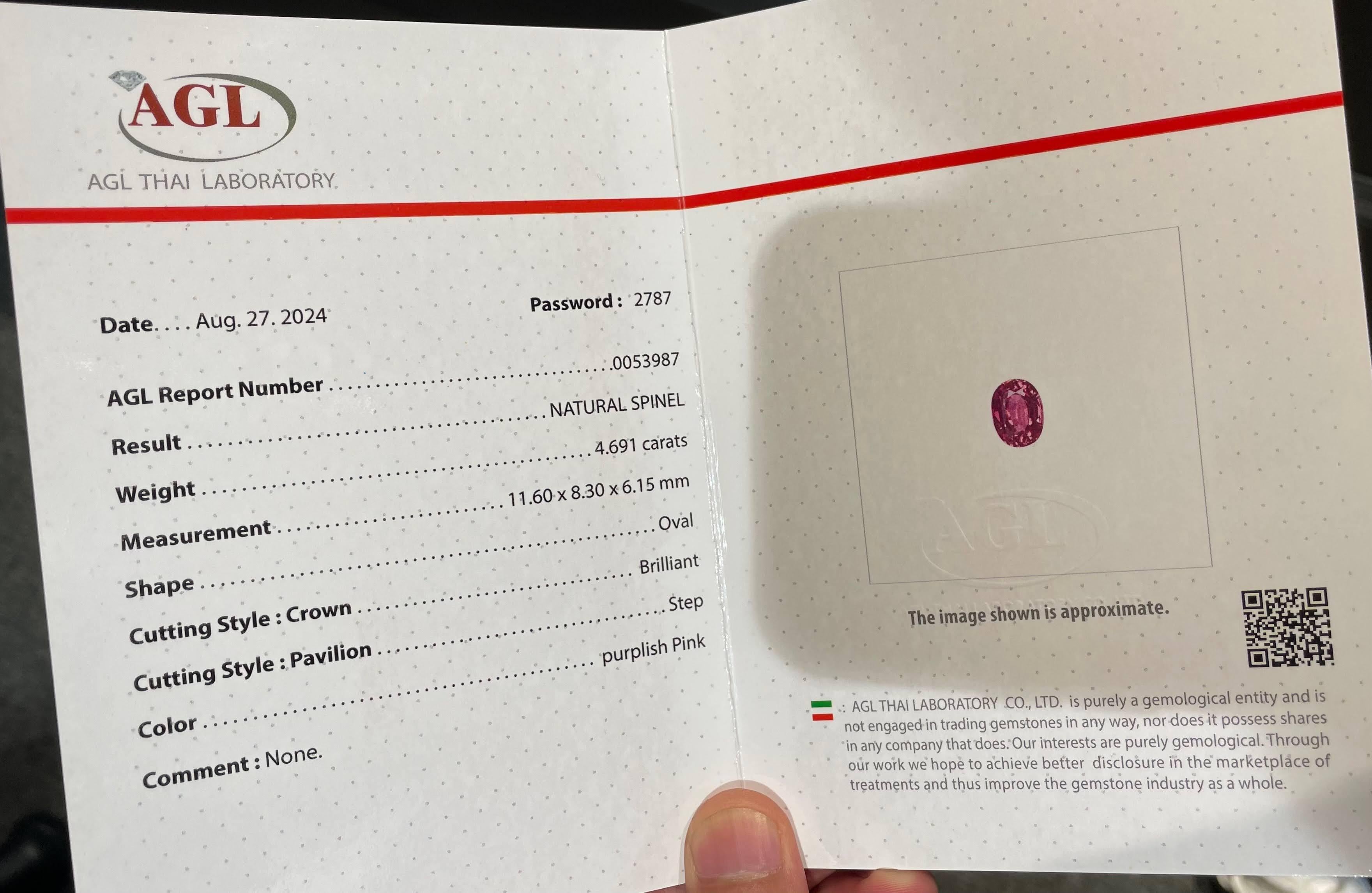 da uomo o donna Gemma certificata con taglio ovale di spinello rosa fluorescente da 4,69 carati proveniente dal Tagikistan in vendita