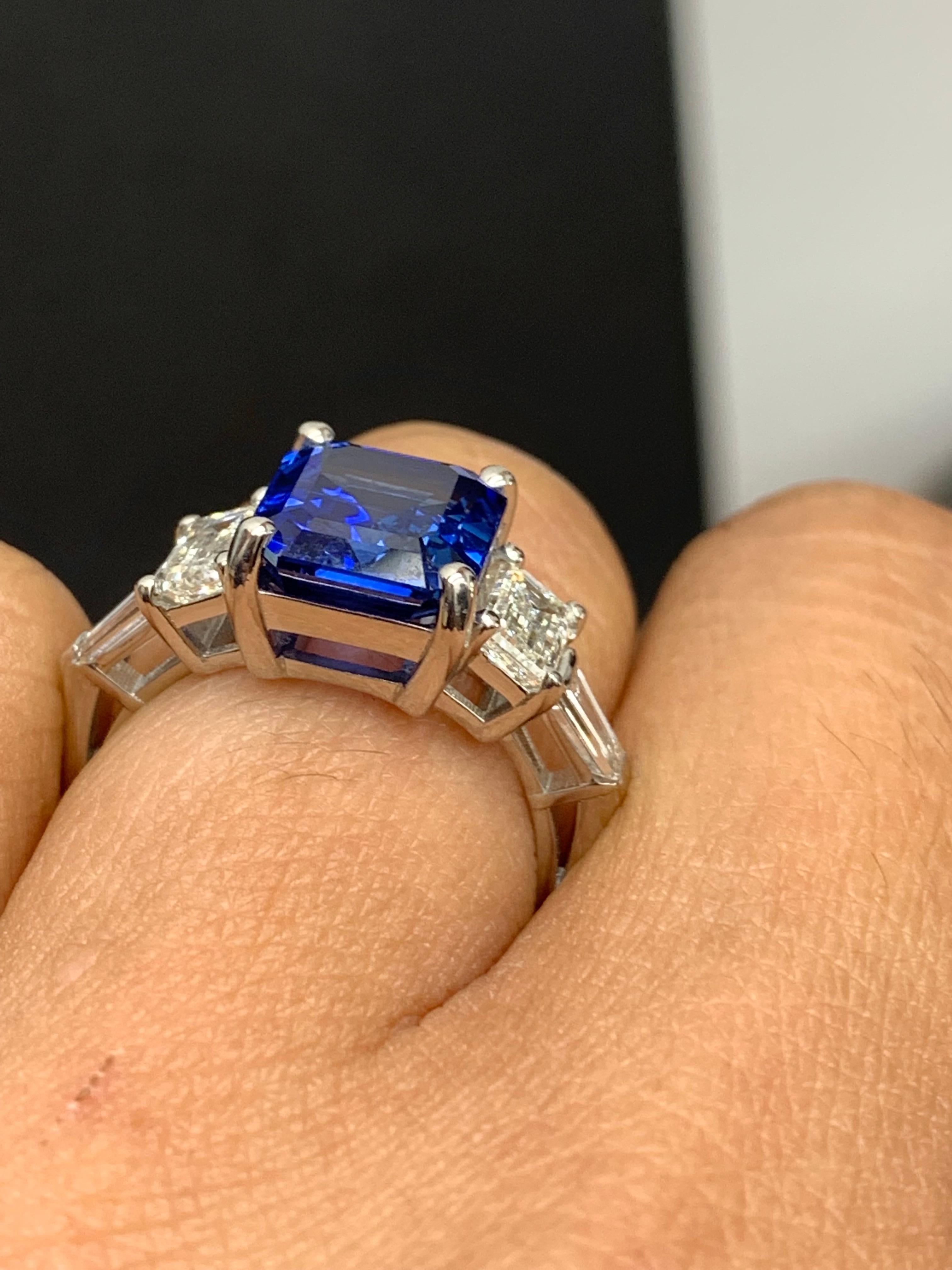 Certified 4.74 Carat Emerald Cut Sapphire and Diamond Five-Stone Engagement Ring In New Condition For Sale In NEW YORK, NY