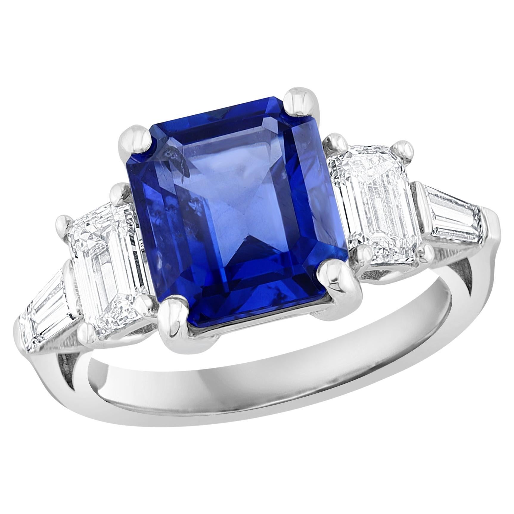 Certified 4.74 Carat Emerald Cut Sapphire and Diamond Five-Stone Engagement Ring