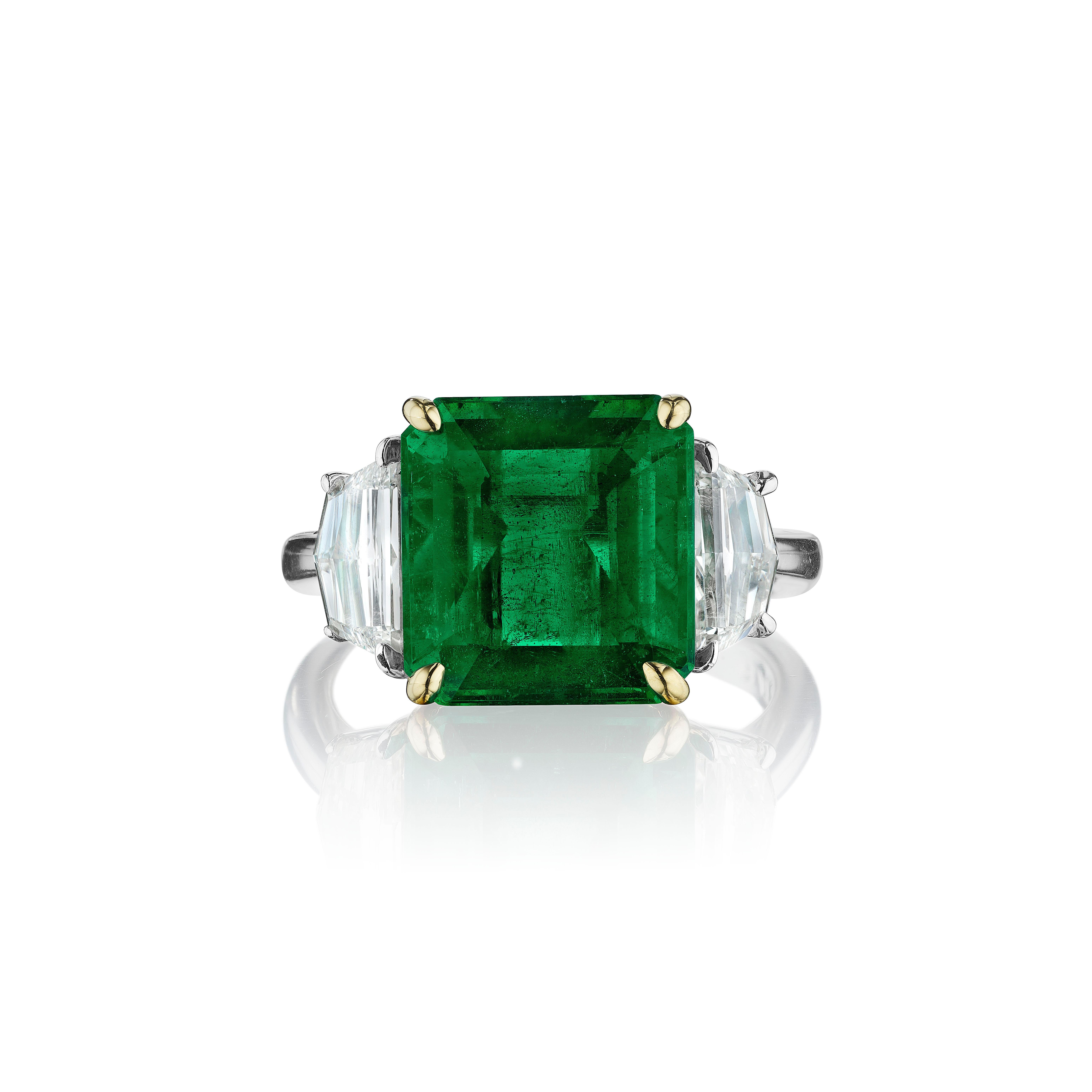Modern Certified 4.75ct Emerald Cut Zambian Emerald & Cadillac Diamond Ring