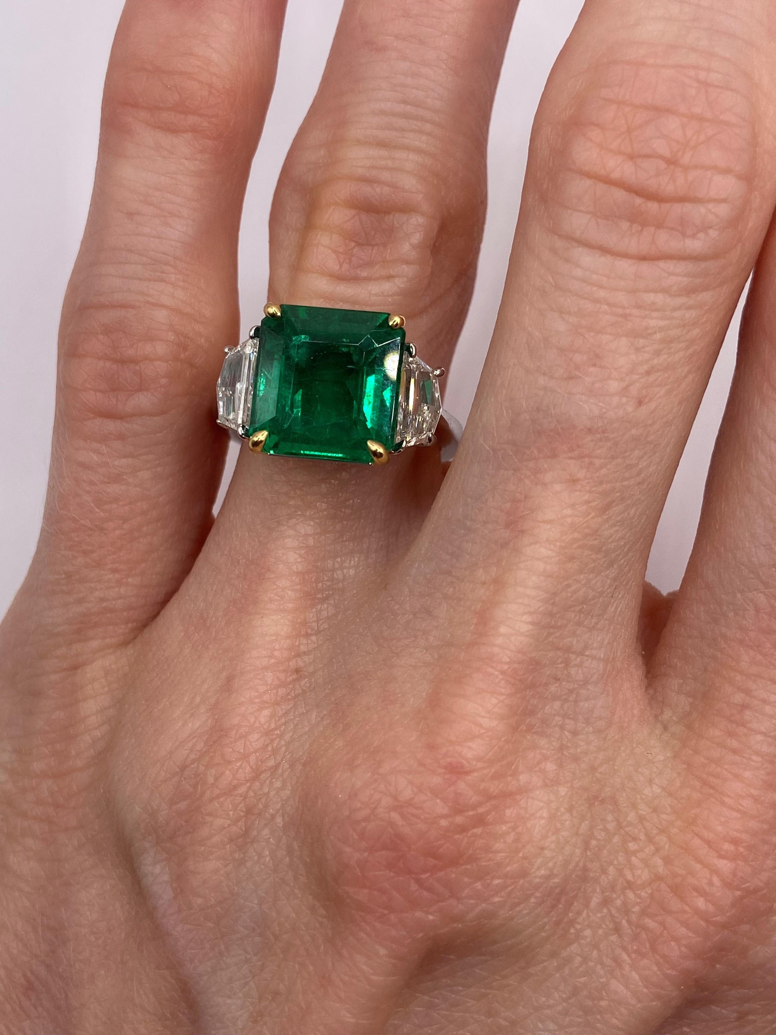 Women's or Men's Certified 4.75ct Emerald Cut Zambian Emerald & Cadillac Diamond Ring