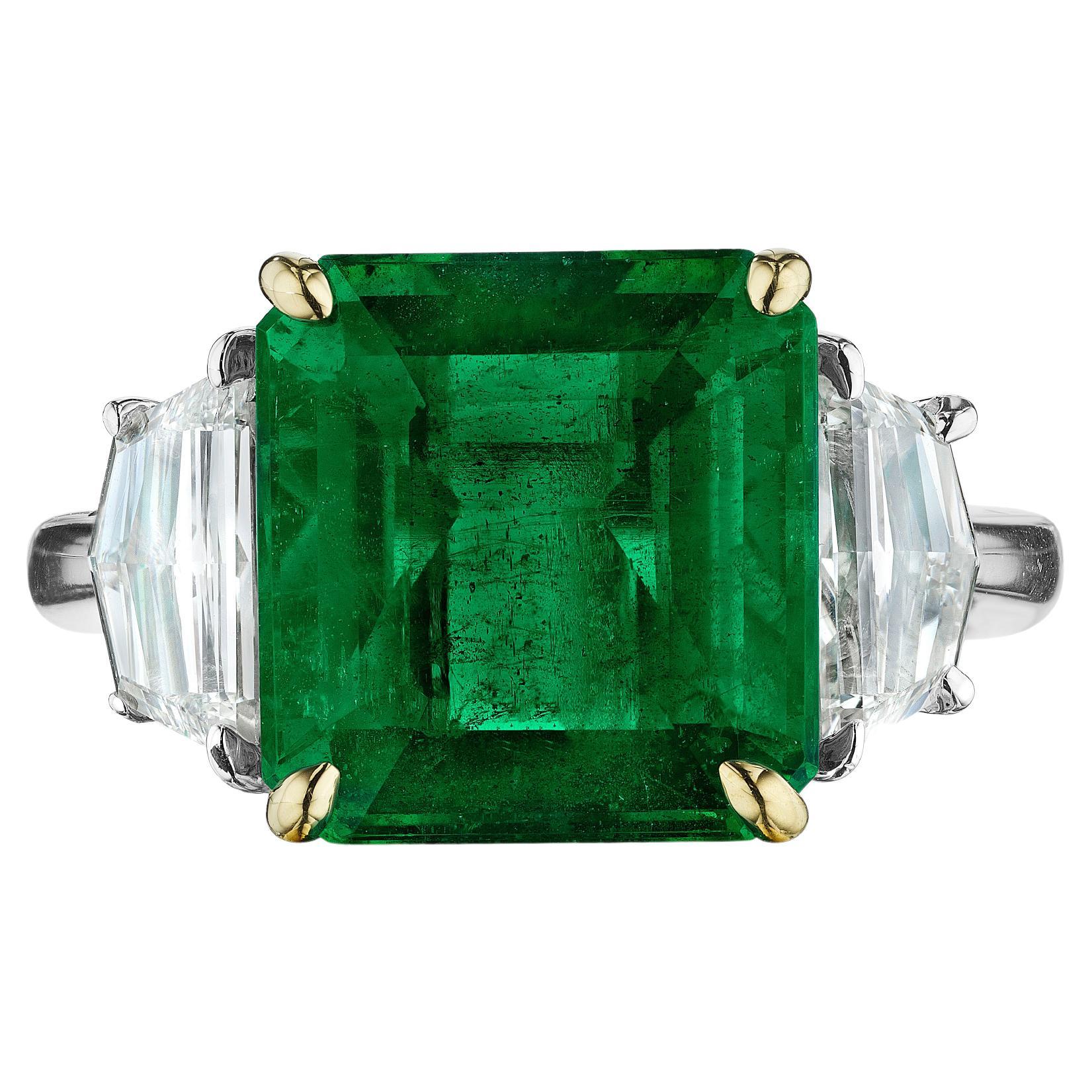 Certified 4.75ct Emerald Cut Zambian Emerald & Cadillac Diamond Ring