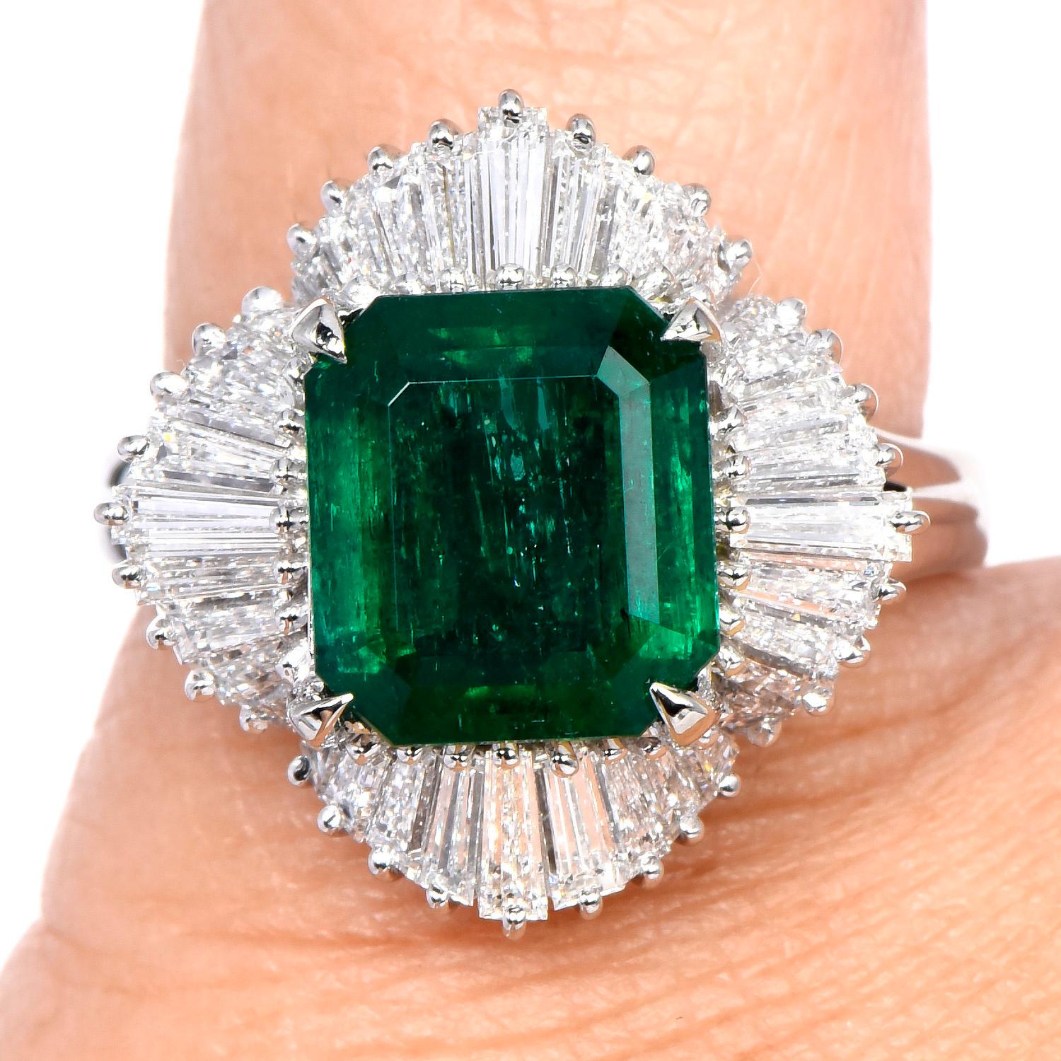 Emerald Cut Certified 4.75cts Muzo Colombian Emerald Diamond Platinum Ballerina Ring For Sale