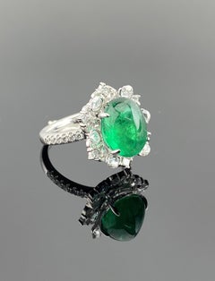 Certified 4.76 Carat Emerald Cabochon and Diamond Cocktail Engagement Ring