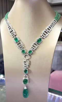 Certified 48.00 Carats Zambian Emeralds 7.60 Carats Diamonds 18k Gold Necklace