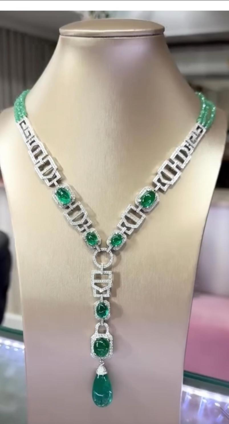 Mixed Cut Certified 48.00 Carats Zambian Emeralds 7.60 Carats Diamonds 18k Gold Necklace For Sale