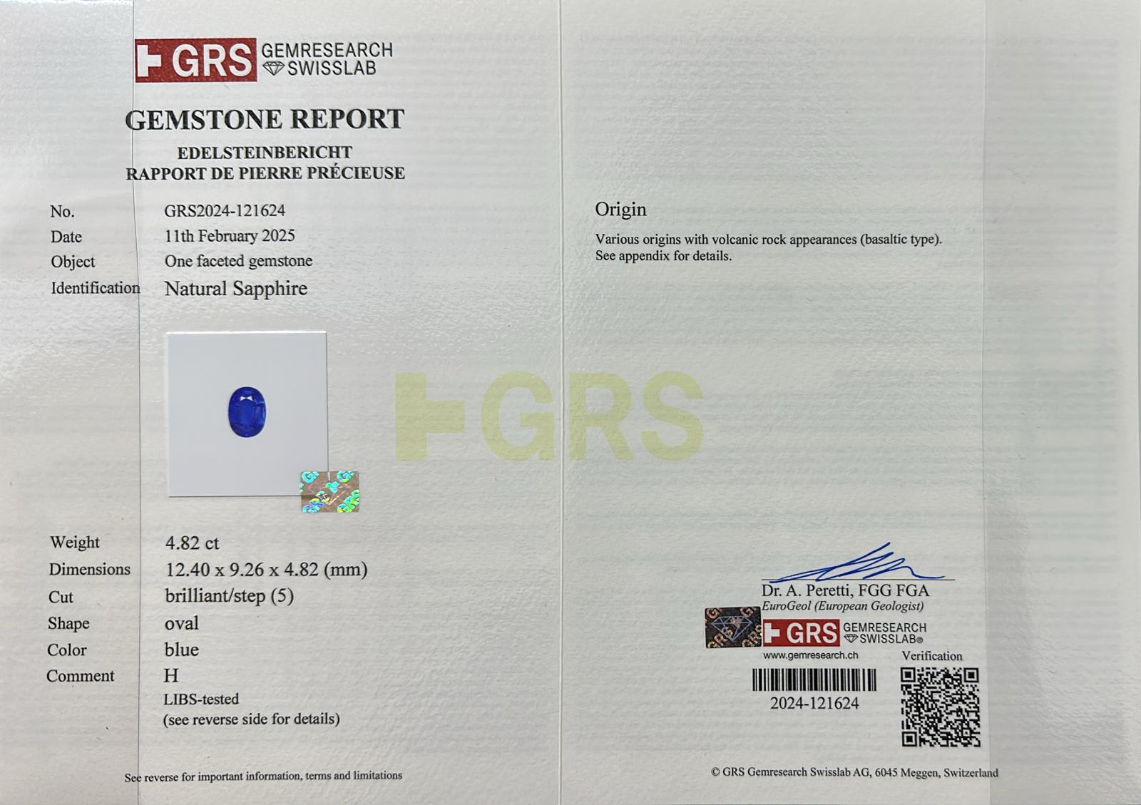 GRS 4.82 ct Platnium 950  Royal Blue Sapphire Engagement Ring In New Condition In Kaohsiung City, TW