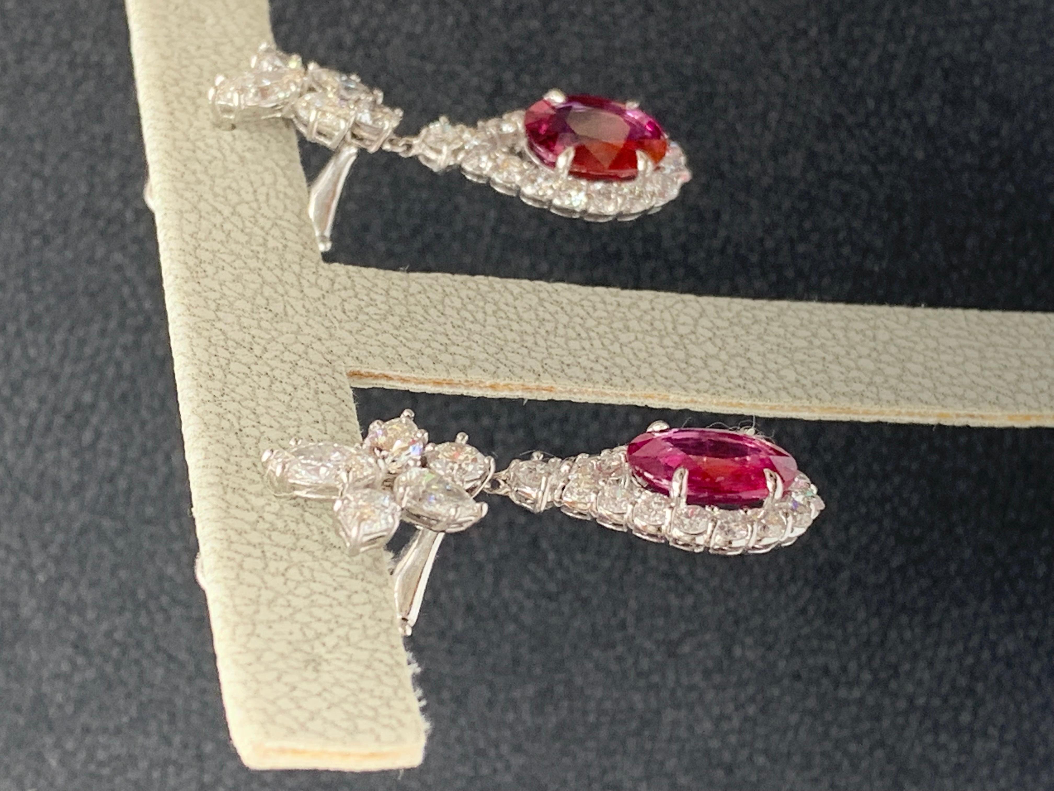 Oval Cut Certified 4.85 Carat Natural Ruby and Diamond Drop Earrings in 18K White Gold For Sale