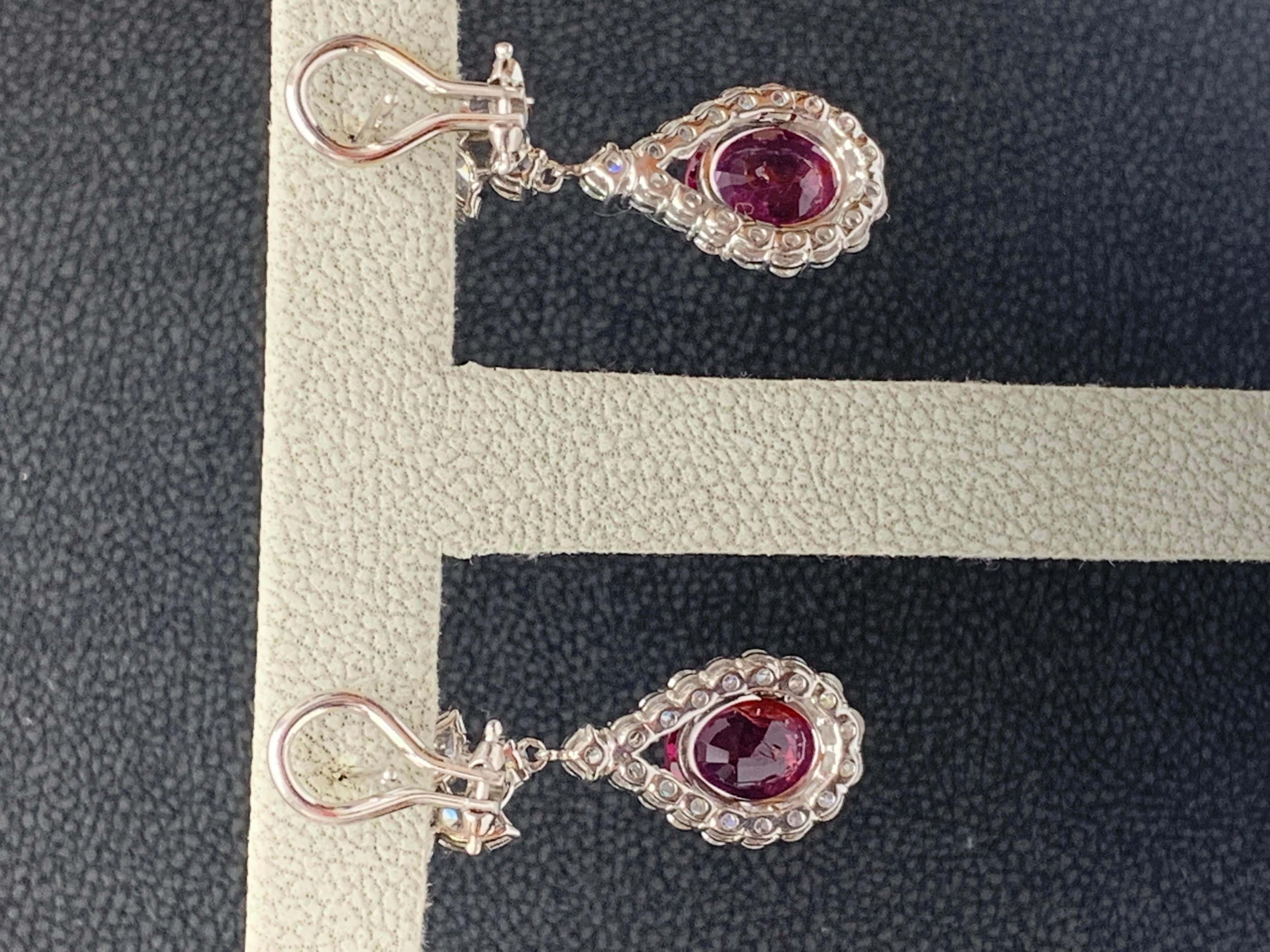 Certified 4.85 Carat Natural Ruby and Diamond Drop Earrings in 18K White Gold For Sale 3