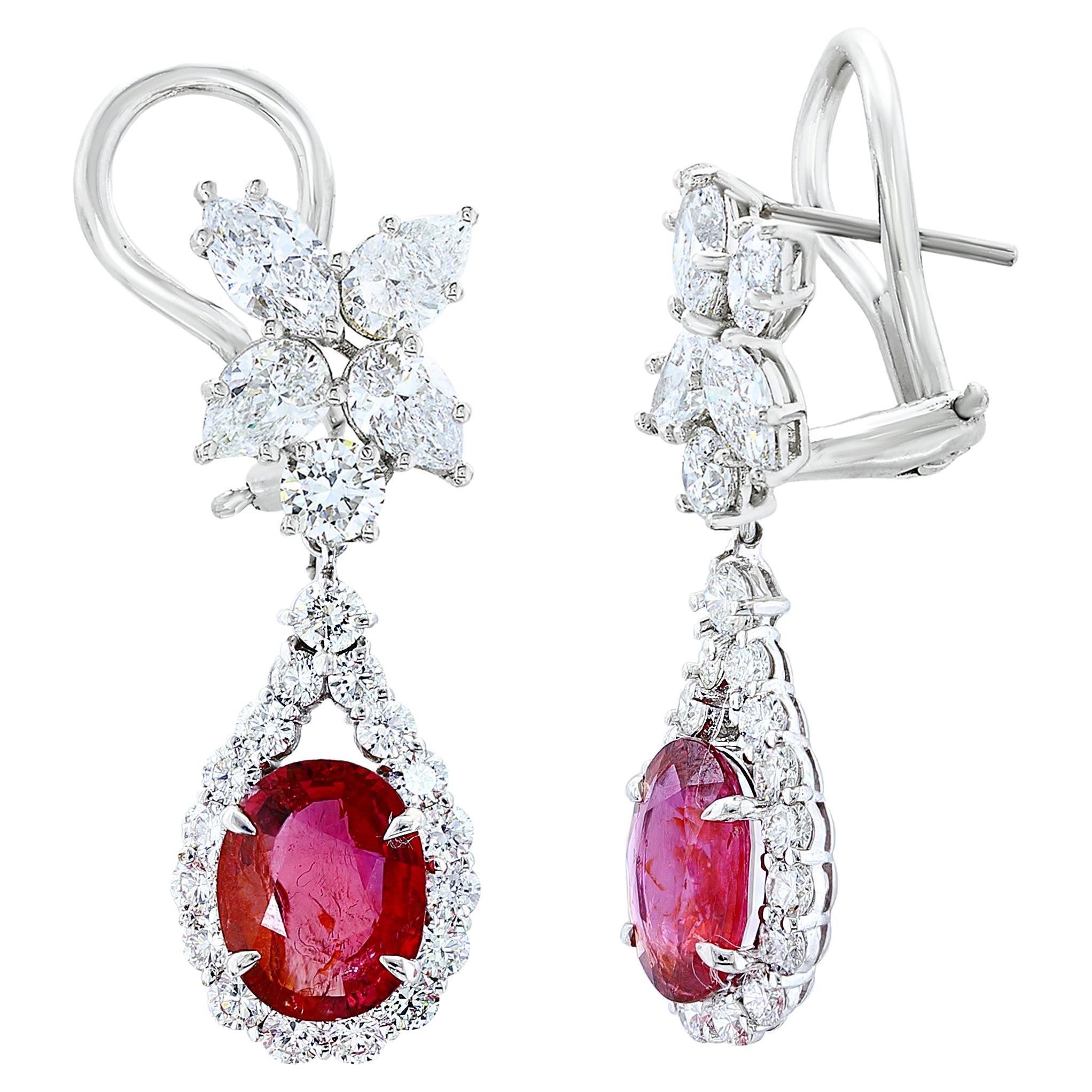Certified 4.85 Carat Natural Ruby and Diamond Drop Earrings in 18K White Gold For Sale