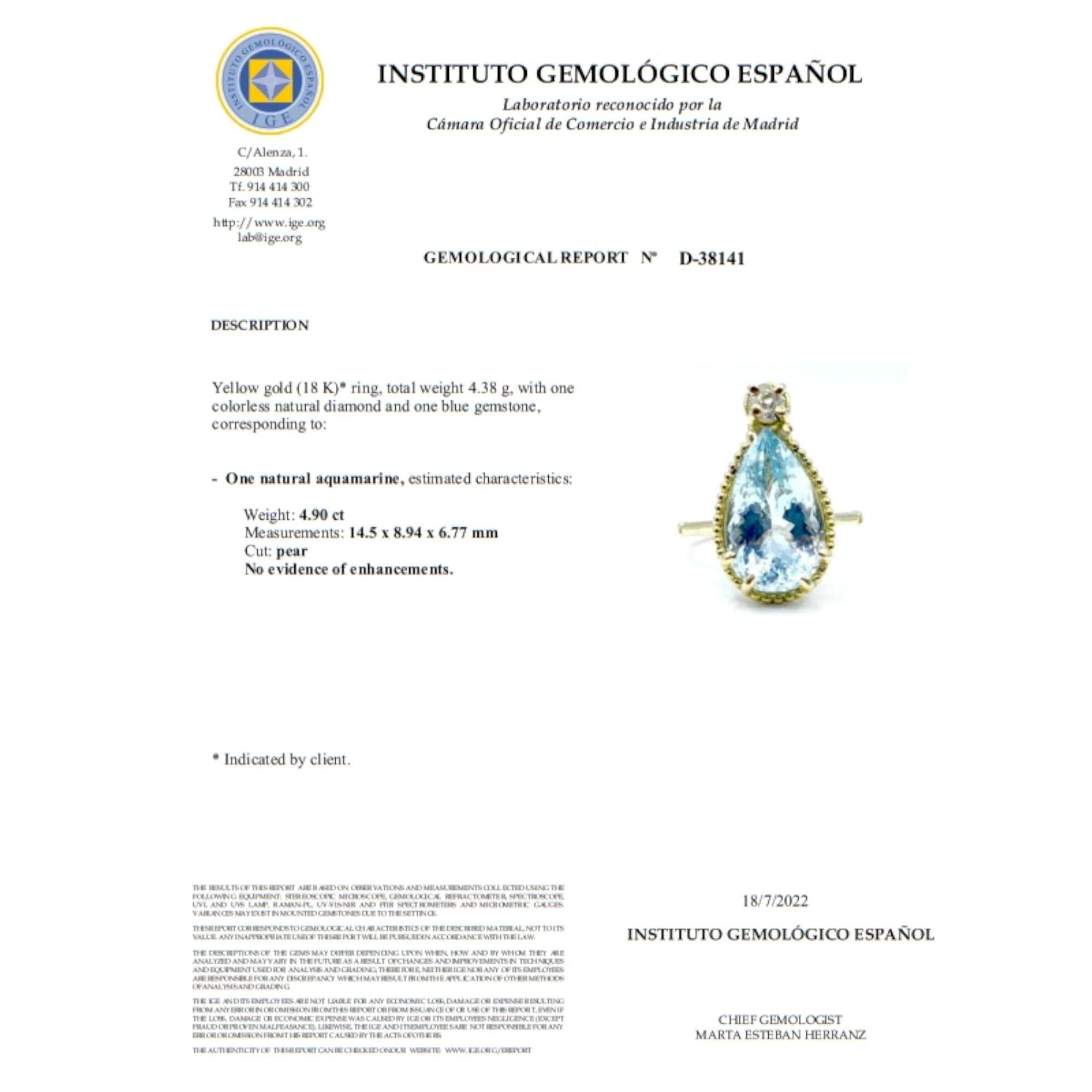  Aigue-marine certifiée 4,90 carats  Bague en or jaune 18 diamants  Fabrication artisanale en vente 4