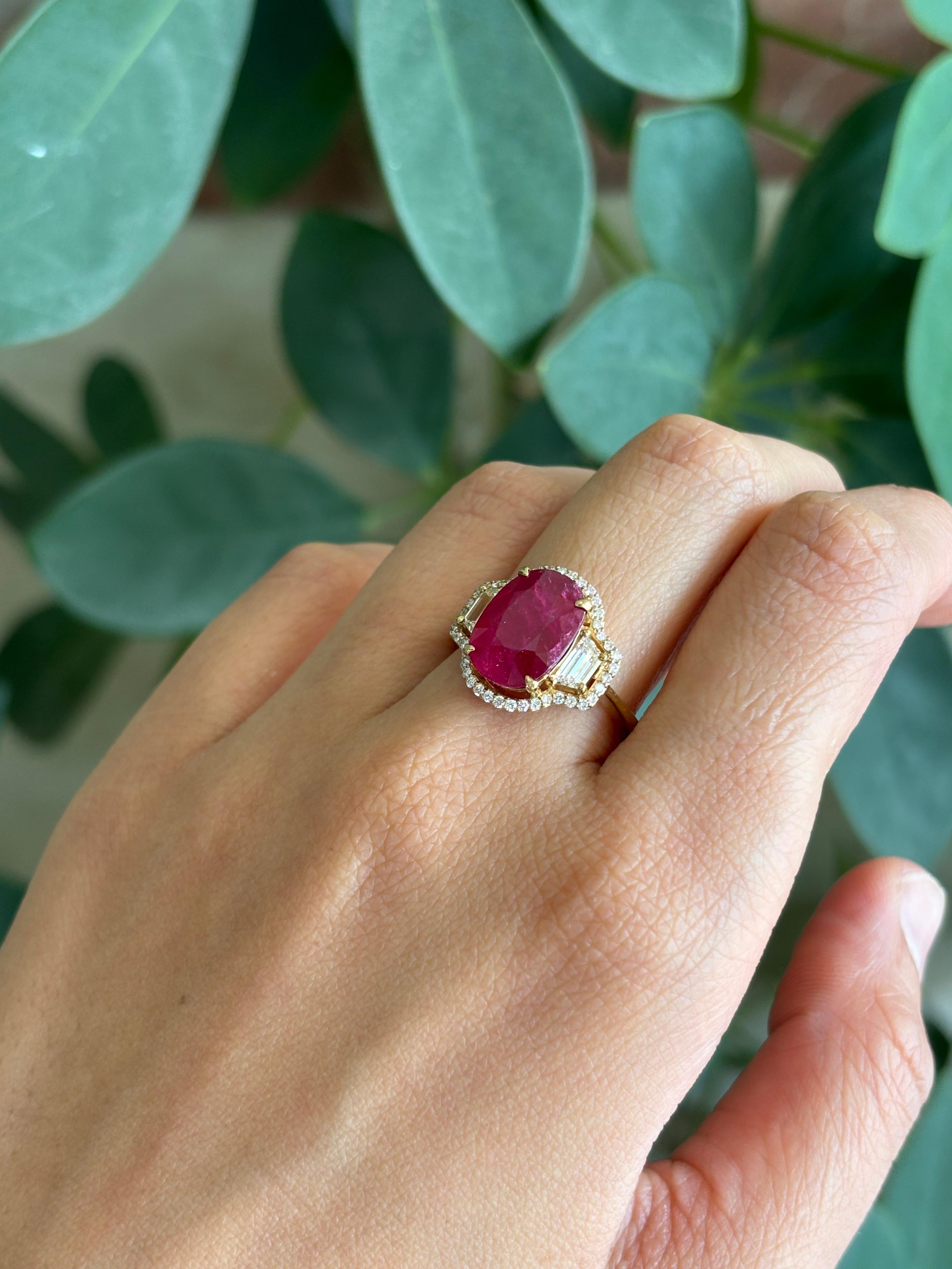 Certified 4.94 carat Ruby And Diamond Three Stone Engagement Ring For Sale 3