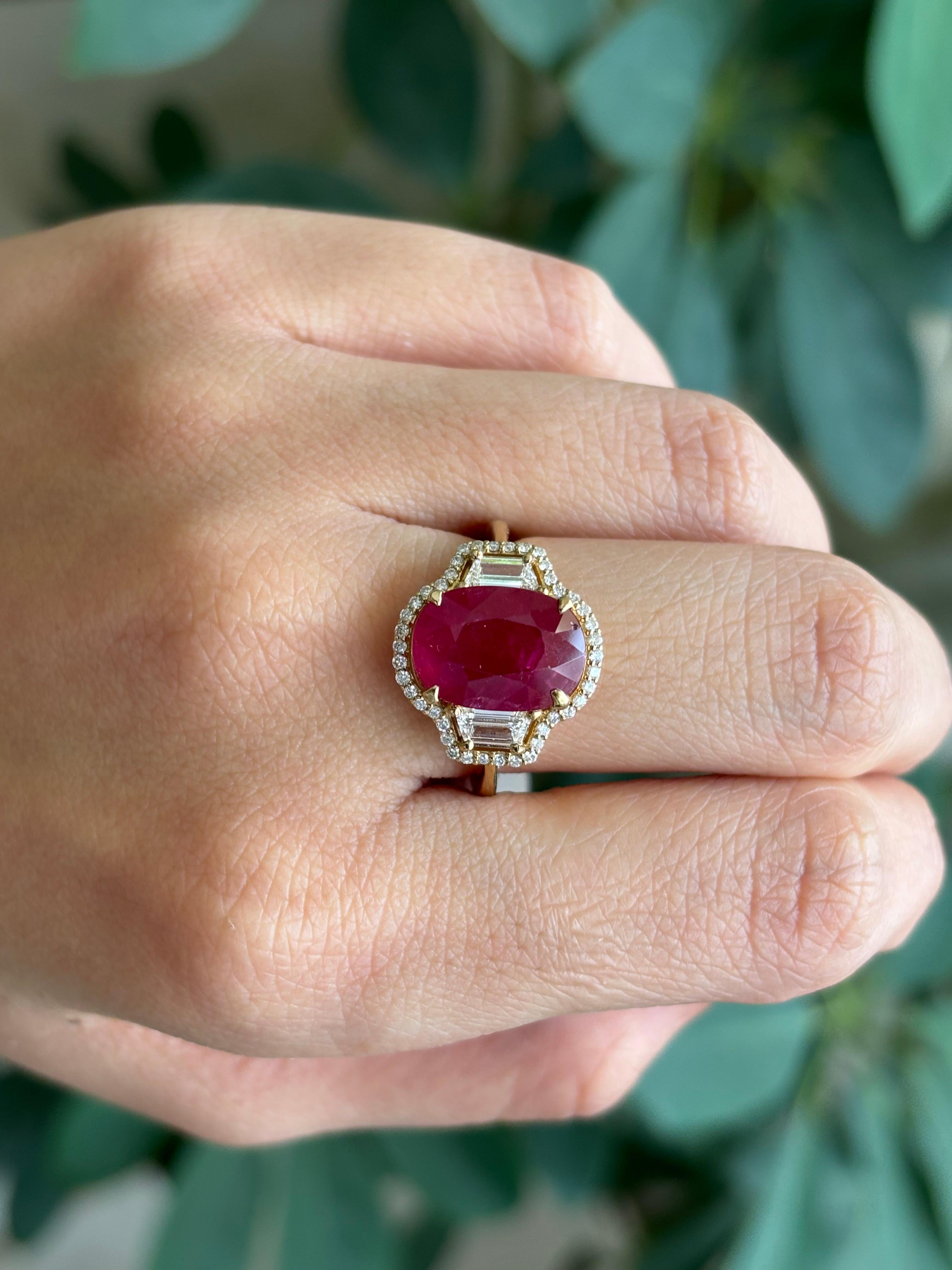Certified 4.94 carat Ruby And Diamond Three Stone Engagement Ring For Sale 4