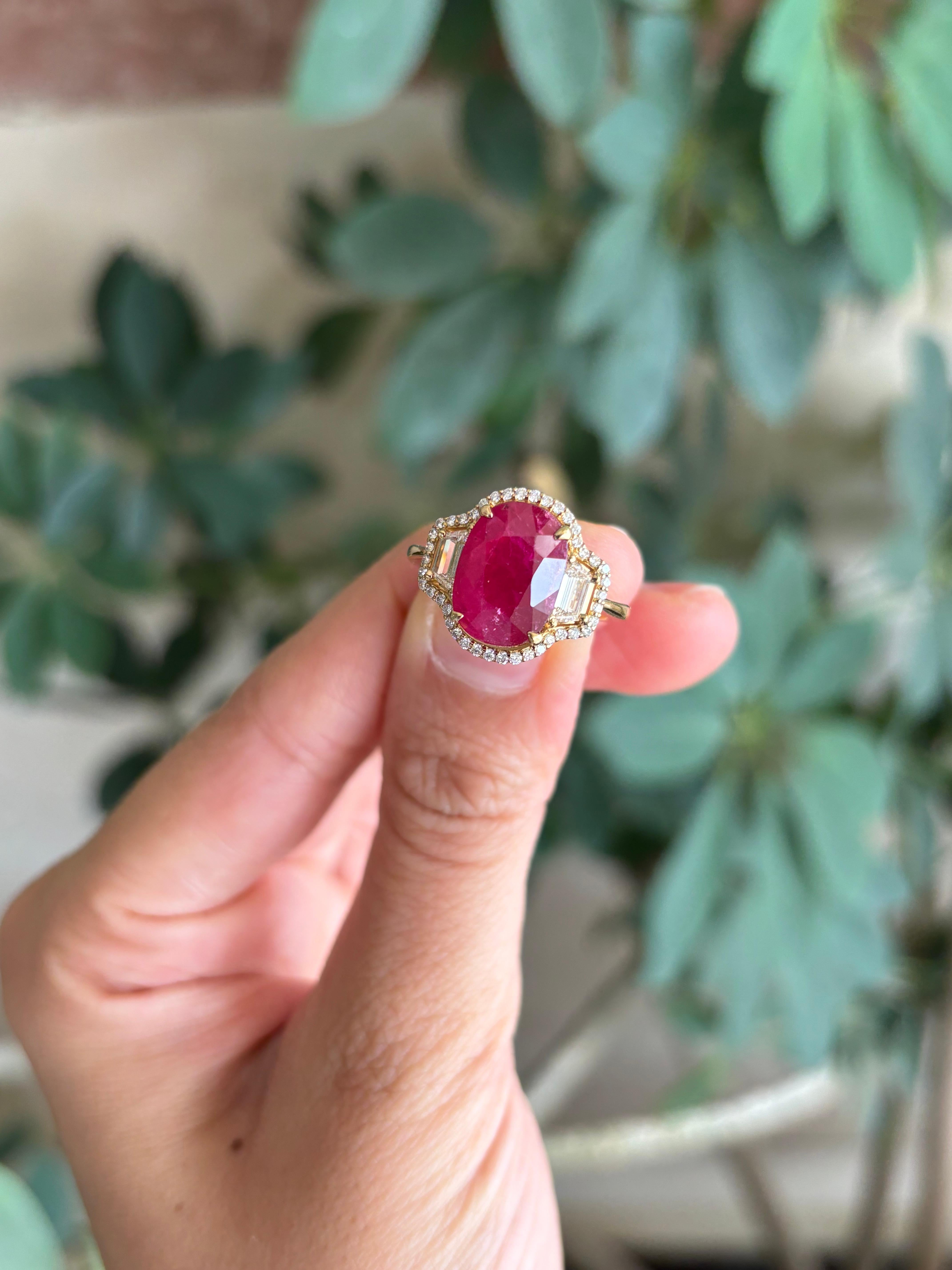 Certified 4.94 carat Ruby And Diamond Three Stone Engagement Ring For Sale 5