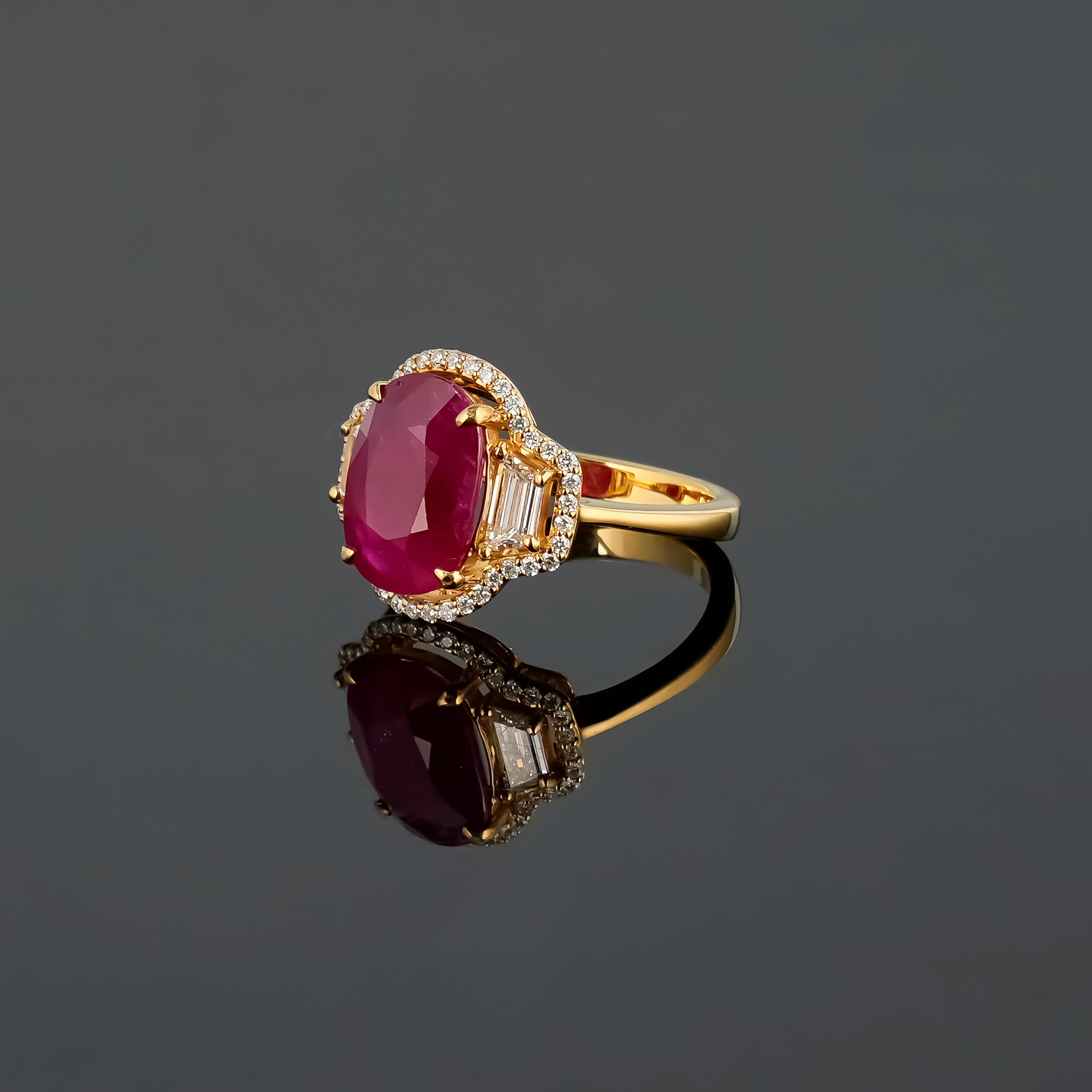Modern Certified 4.94 carat Ruby And Diamond Three Stone Engagement Ring For Sale