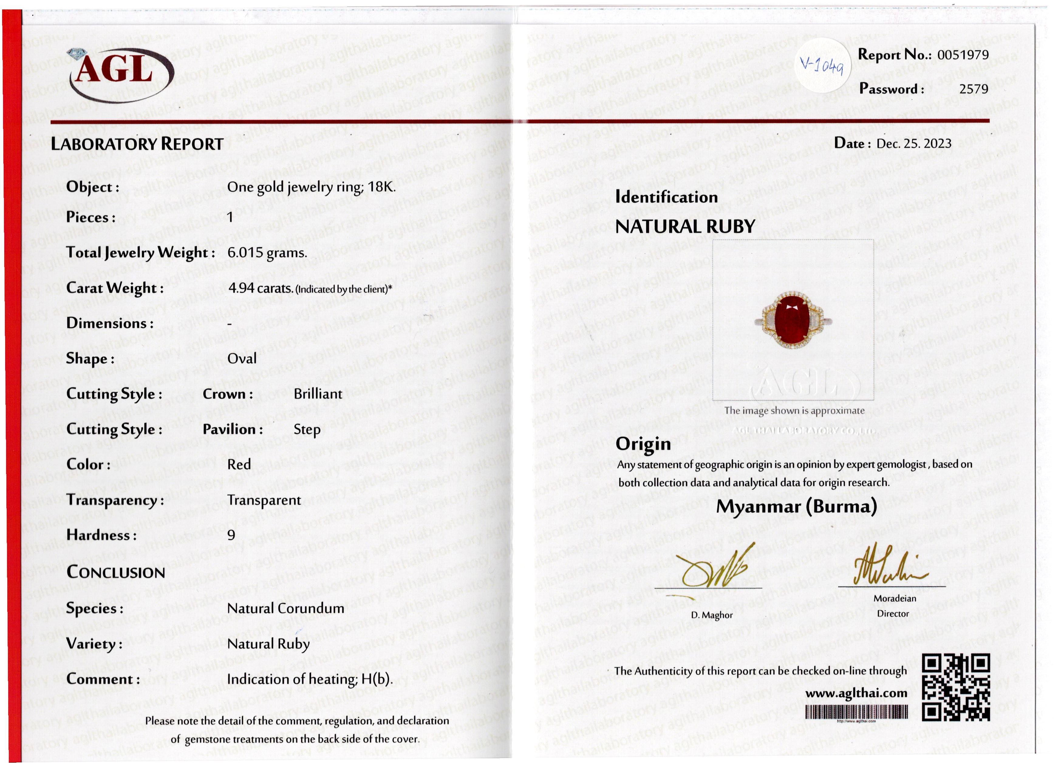Certified 4.94 carat Ruby And Diamond Three Stone Engagement Ring For Sale 6