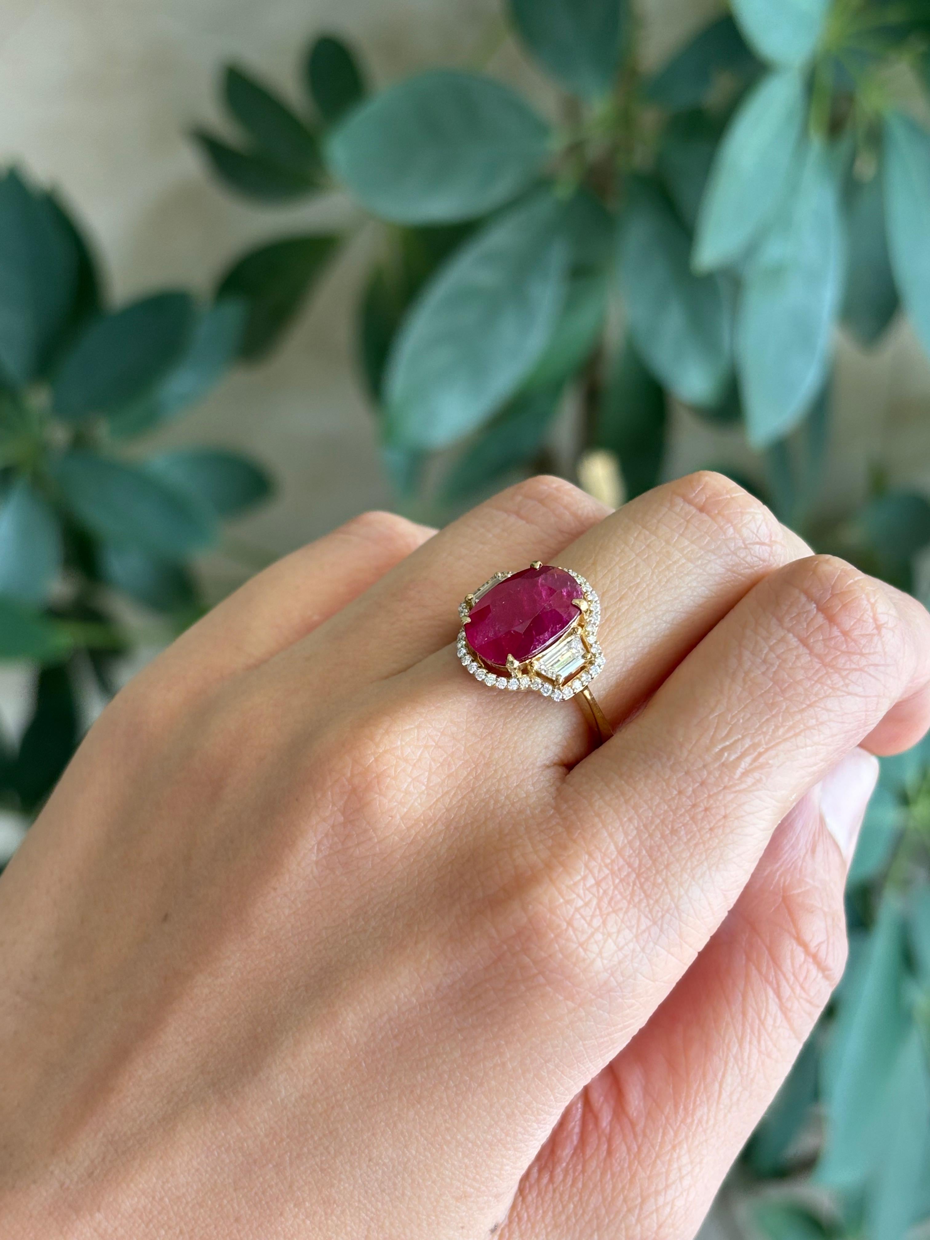 Certified 4.94 carat Ruby And Diamond Three Stone Engagement Ring For Sale 2