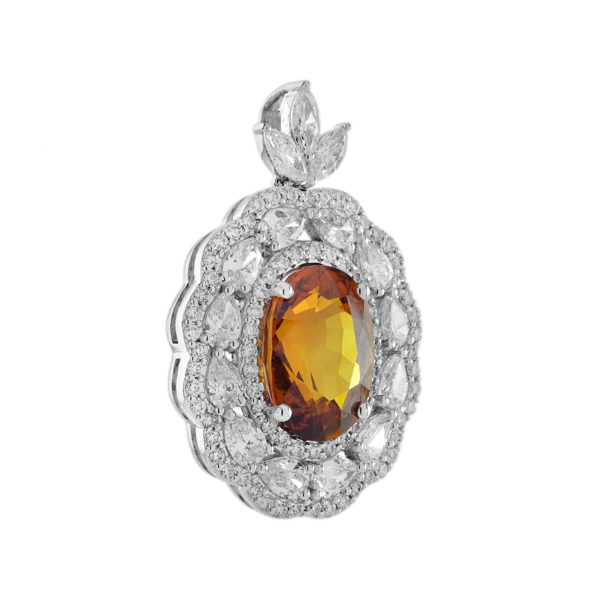 Art Deco Certified 4.94 Ct. Yellow Sapphire Diamond Antique Style Pendant in 18K Gold