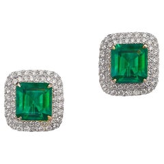 Columbian Vivid Green Emerald and Diamond Stud Earrings, CDC Certificate