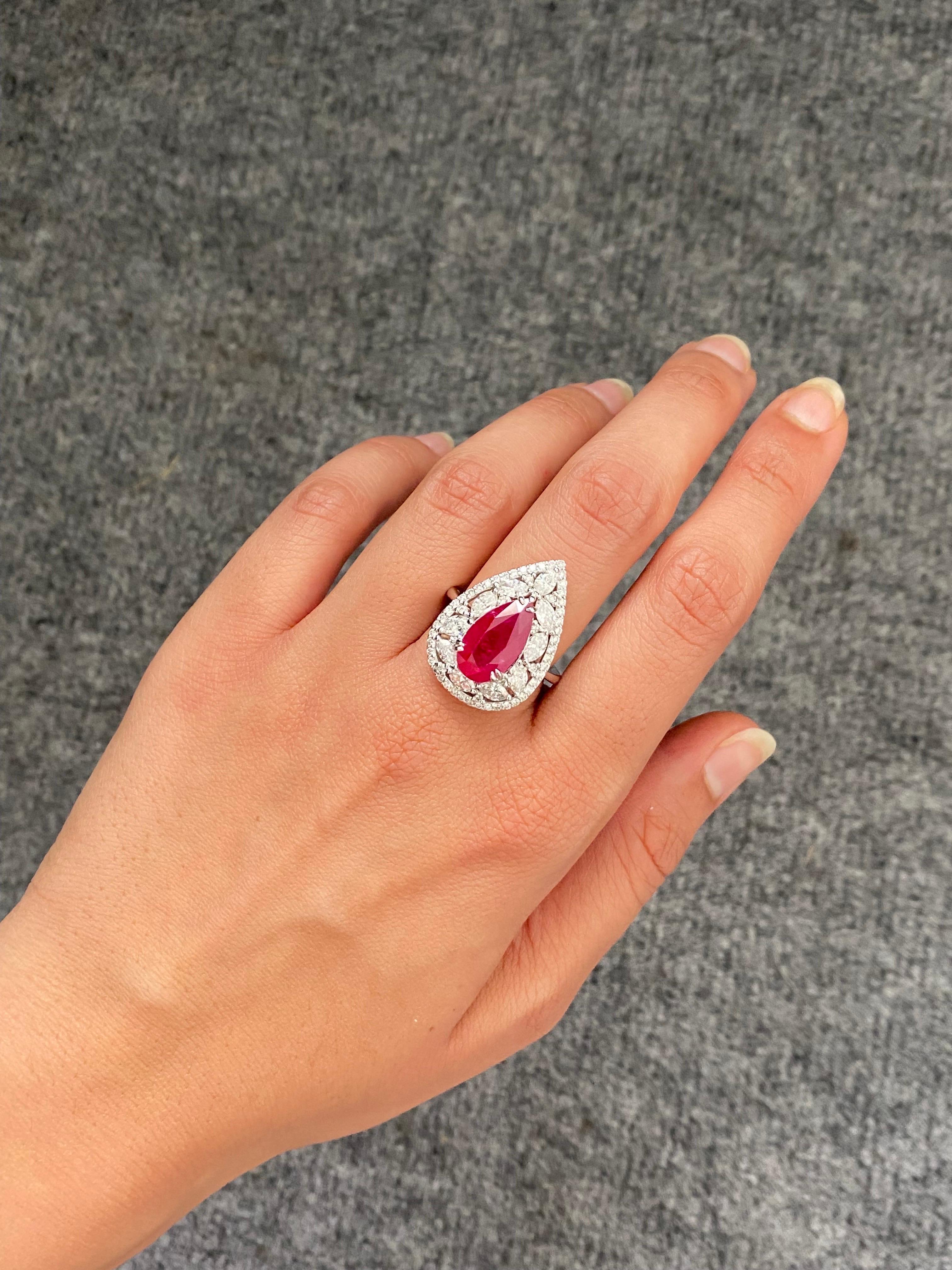 Modern Certified 5 Carat Pear Shape Ruby and Diamond Cocktail Ring  For Sale