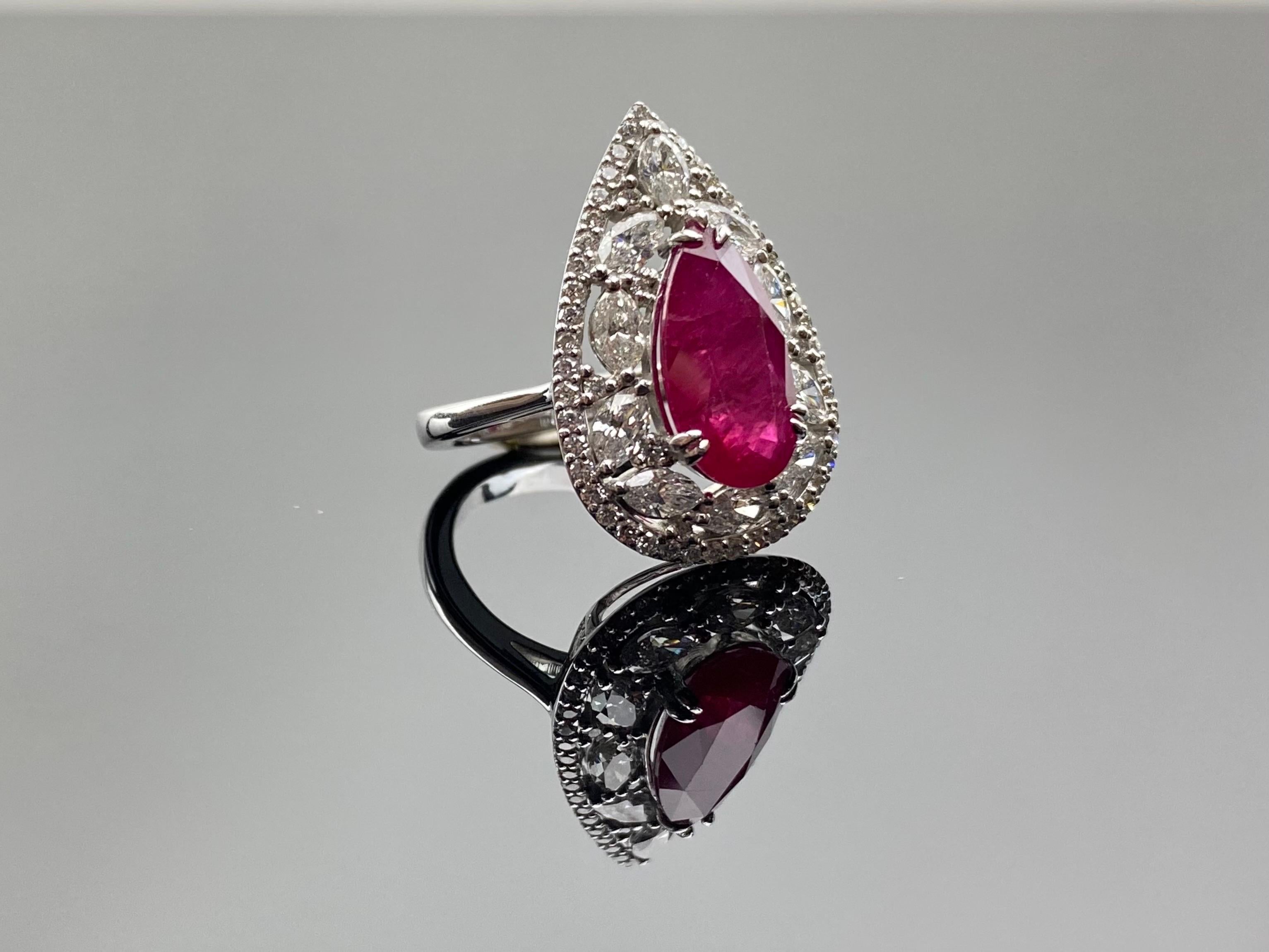 Certified 5 Carat Pear Shape Ruby and Diamond Cocktail Ring  For Sale 1