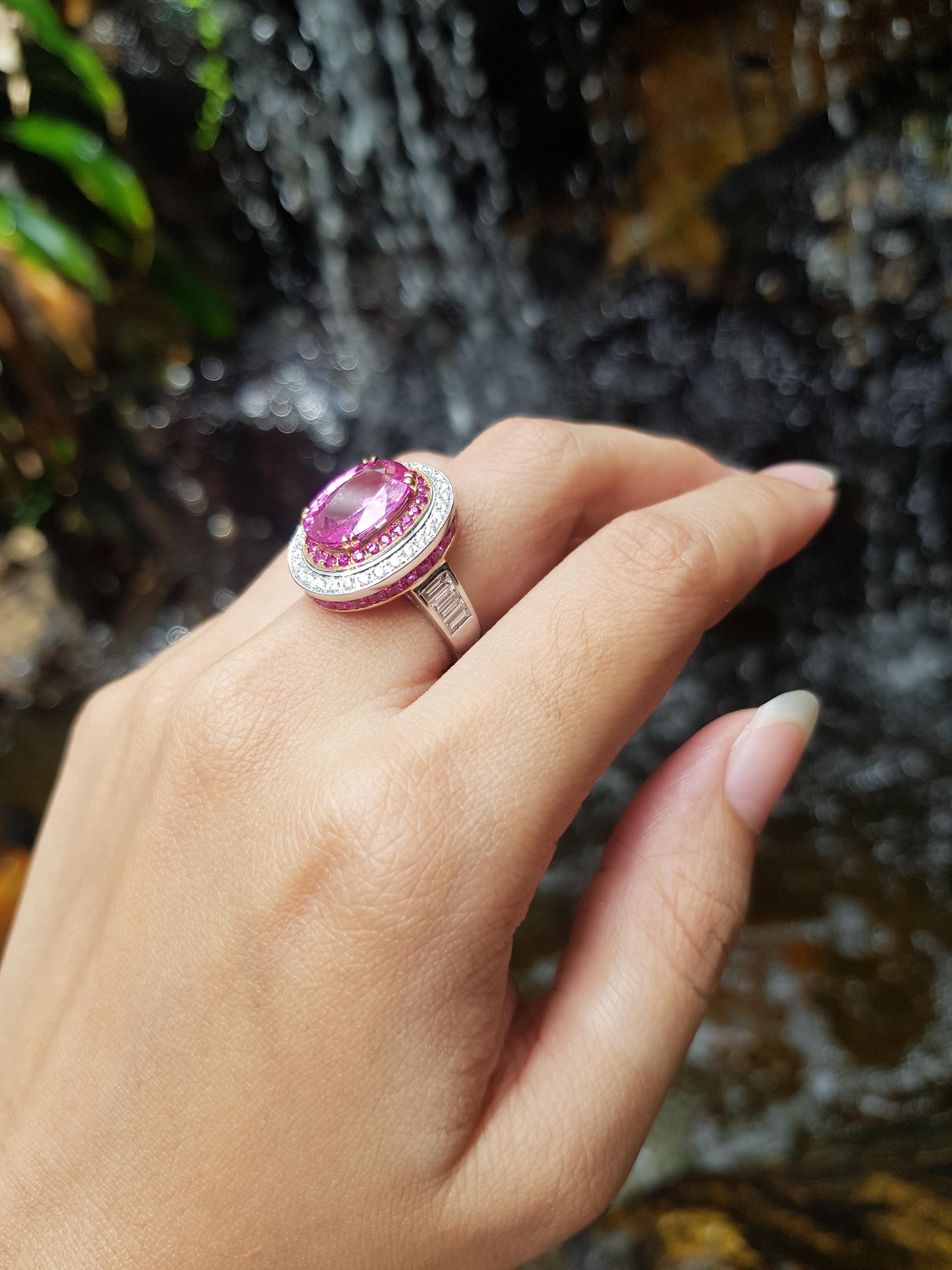 Pink Sapphire 5.51 carats with Pink Sapphire 2.25 carats and Diamond 0.90 carat Ring set in 18 Karat White Gold Settings
(TGL, Tokyo Gem Laboratory Thailand Certified)

Width:  1.6 cm 
Length:  2.1 cm
Ring Size: 53
Total Weight: 10.31 grams

Pink