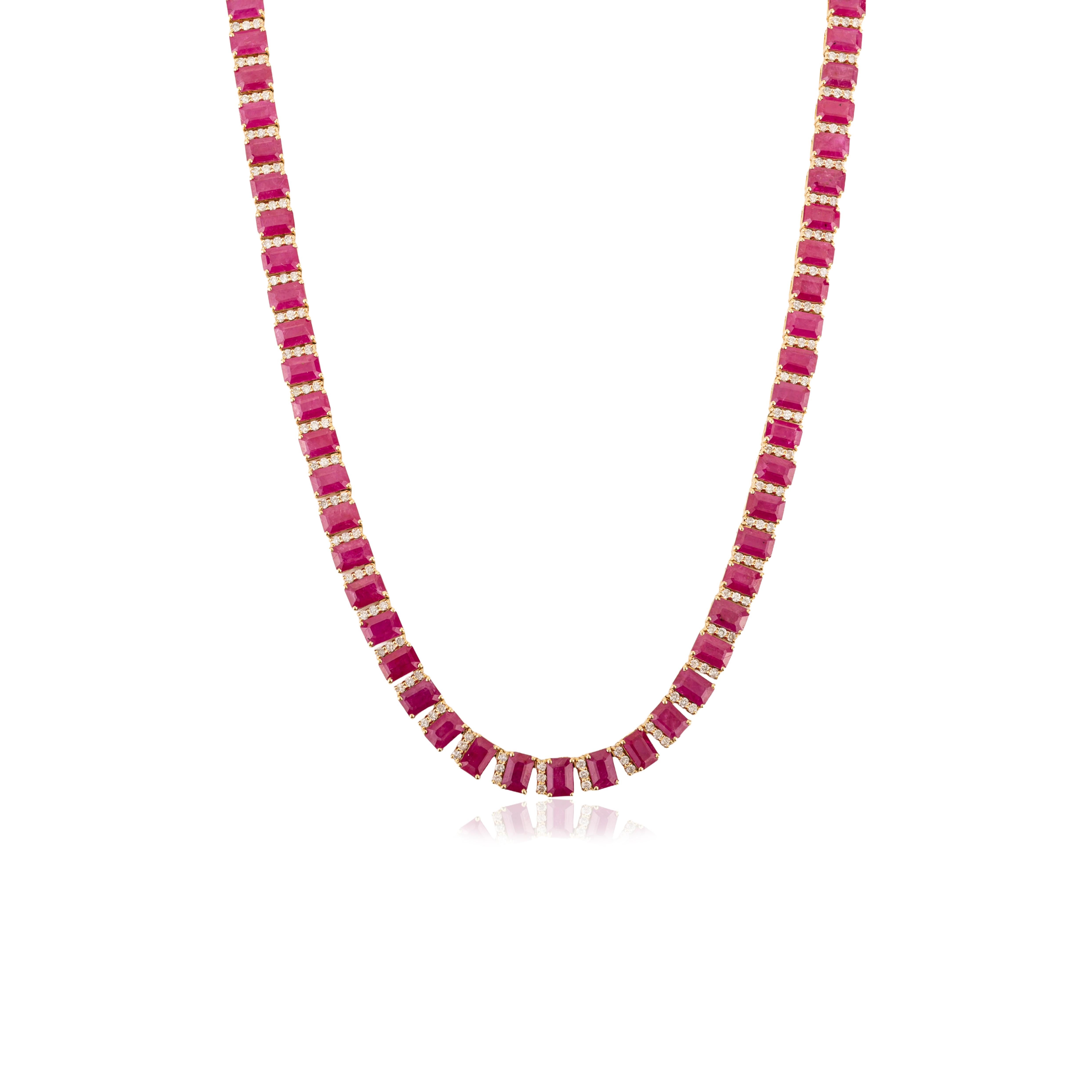 Certified 50.19 Ct Ruby 
3.06 Ct Diamond Tennis Necklace in 18K Yellow Gold For Sale