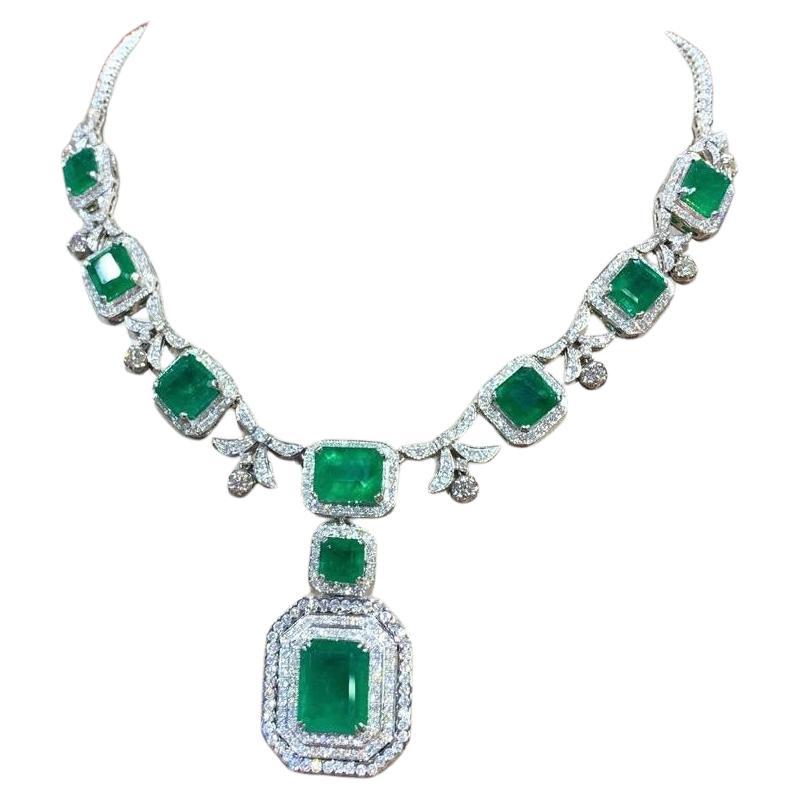 Certified 51.00 Carats Zambian Emeralds  8.90 Ct Diamonds 18k Gold Necklace  For Sale