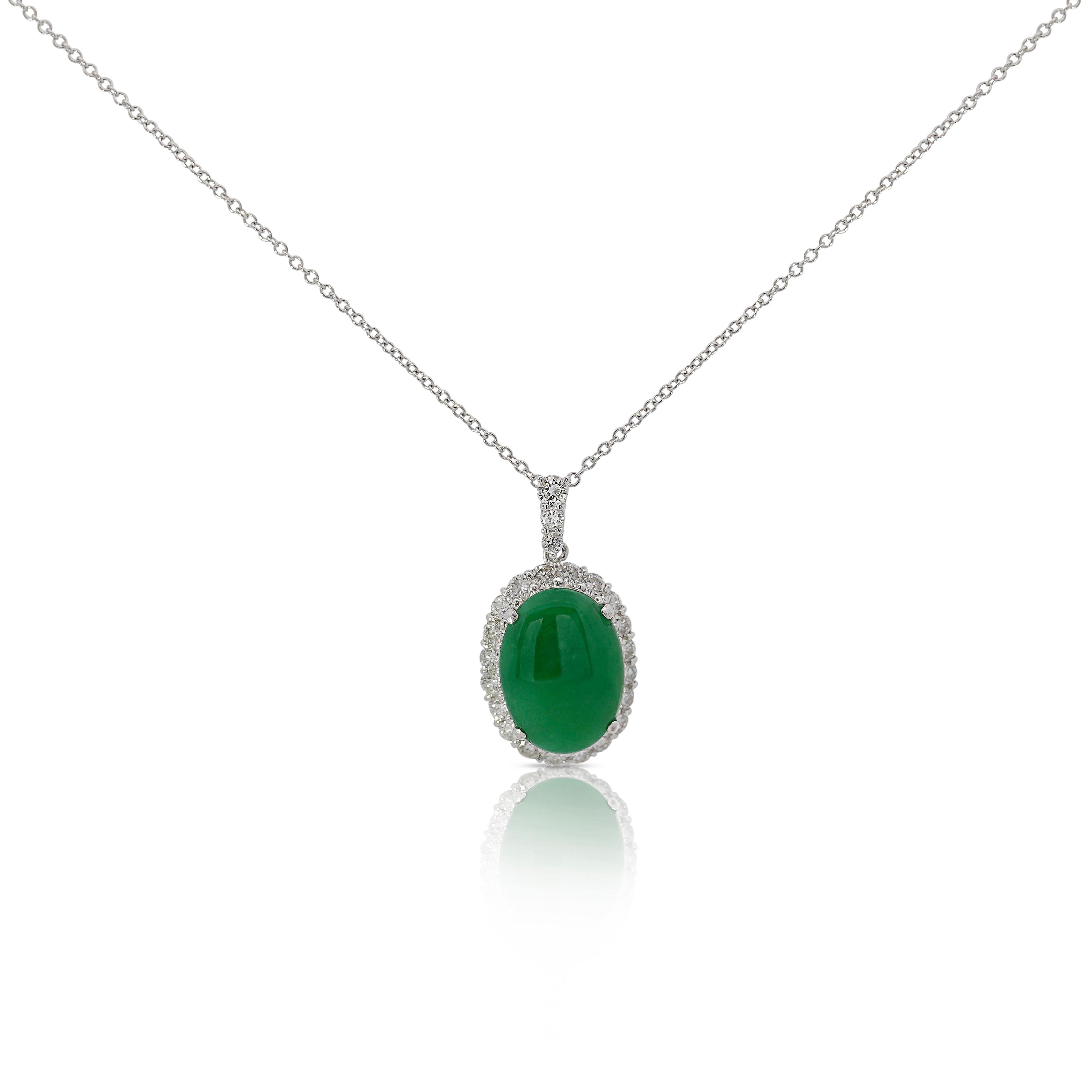 Cabochon Certified 5.11 Carat Jadeite Jade and Diamond Platinum Pendant Necklace For Sale