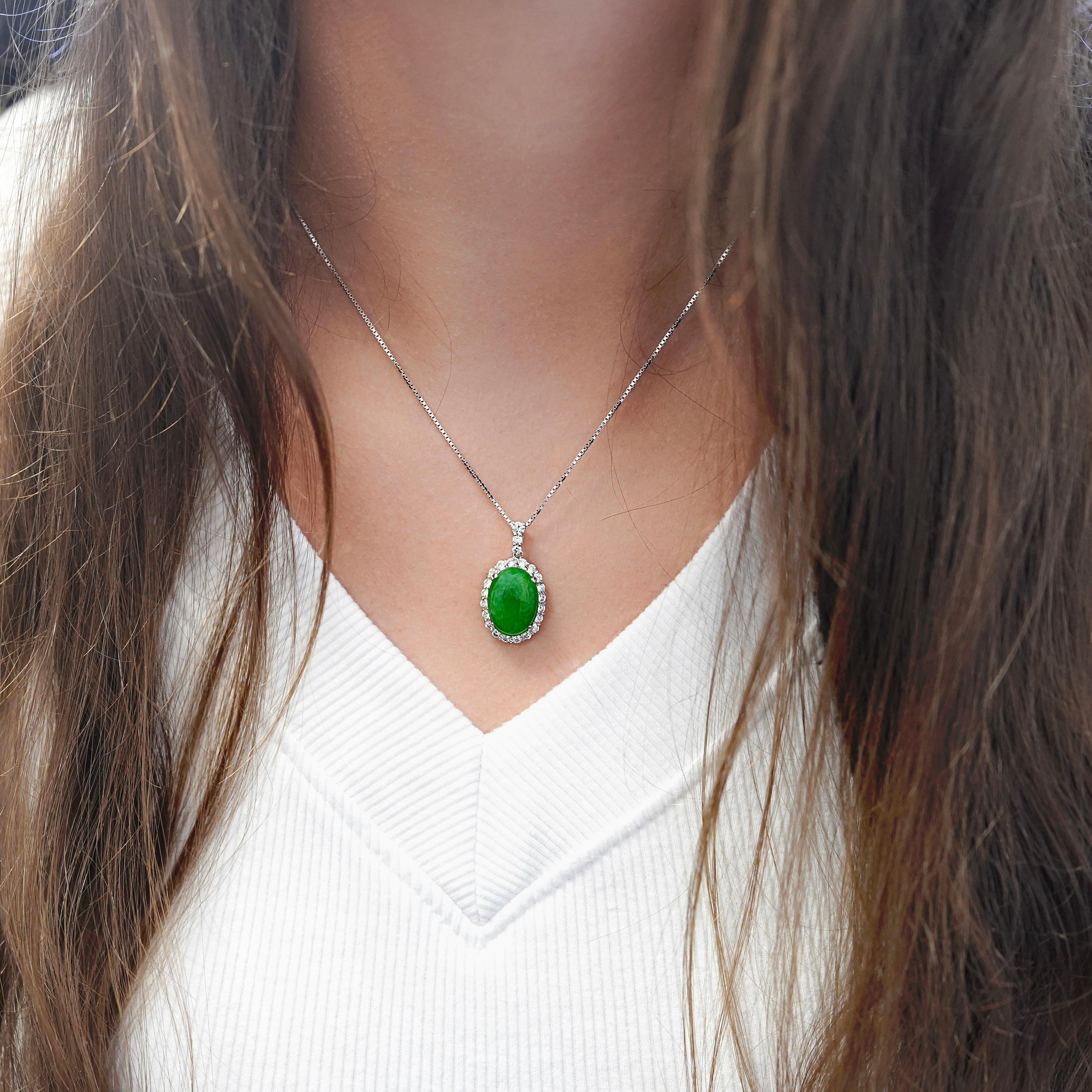Women's Certified 5.11 Carat Jadeite Jade and Diamond Platinum Pendant Necklace For Sale