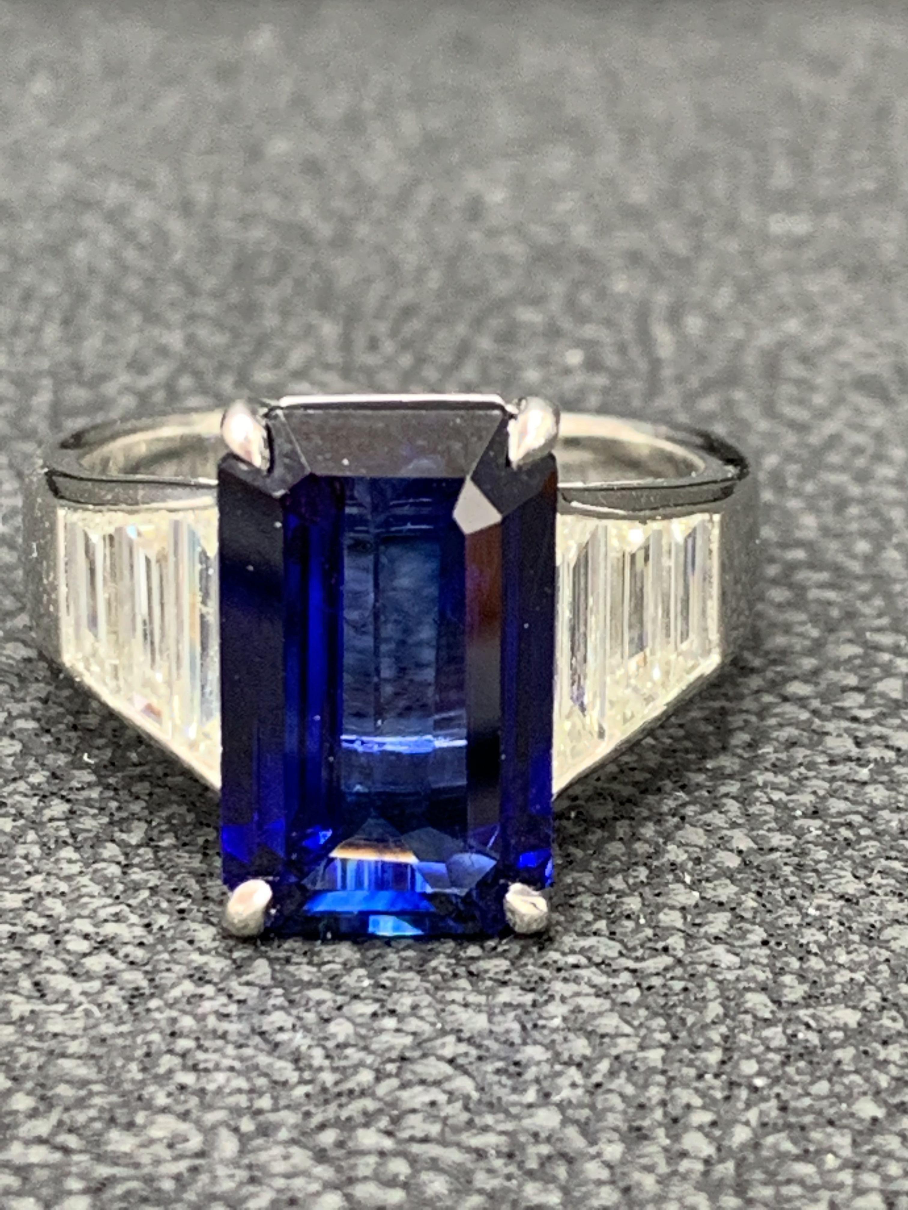 Certified 5.13 Carat Emerald Cut Sapphire Diamond Engagement Ring in Platinum For Sale 12