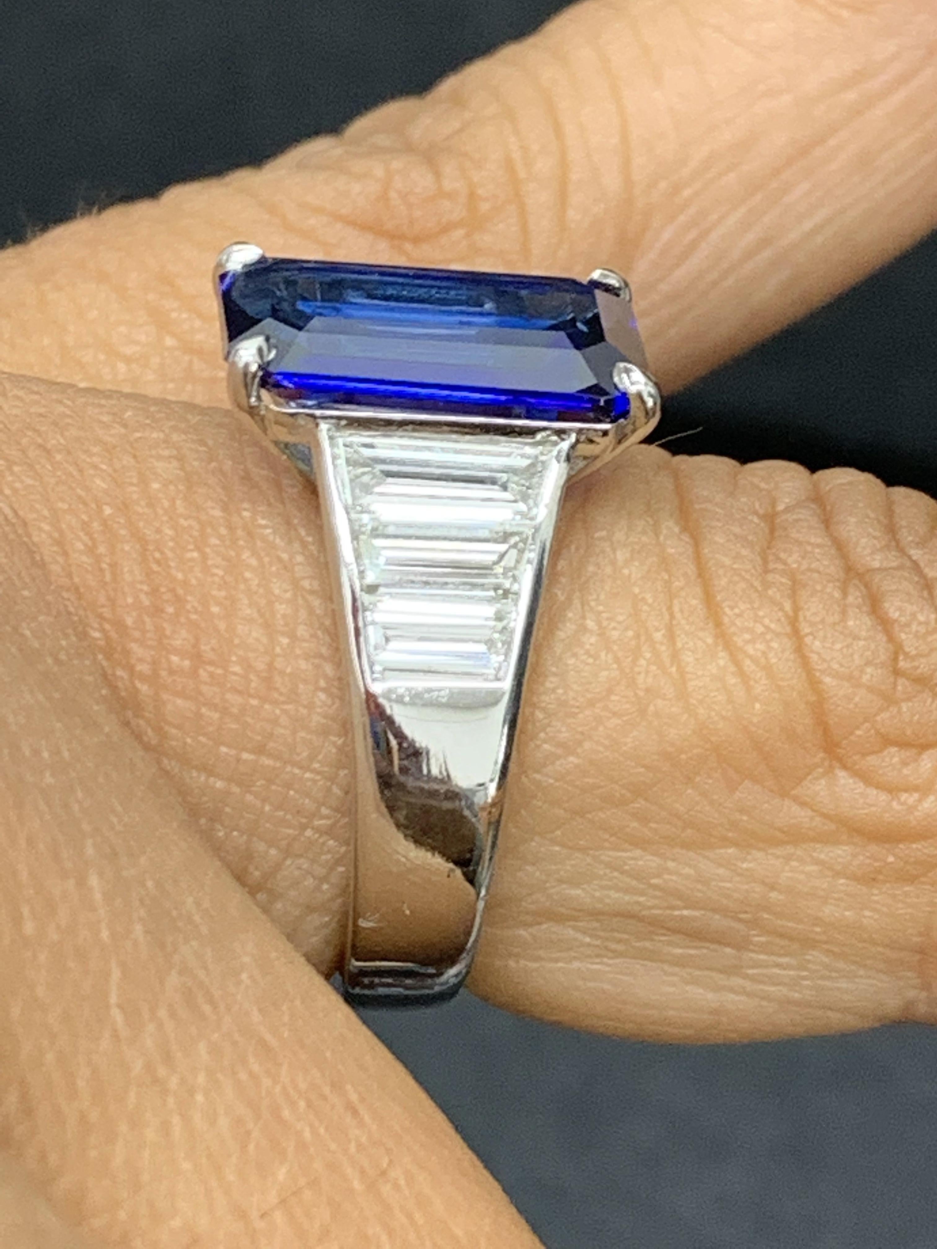 Modern Certified 5.13 Carat Emerald Cut Sapphire Diamond Engagement Ring in Platinum For Sale