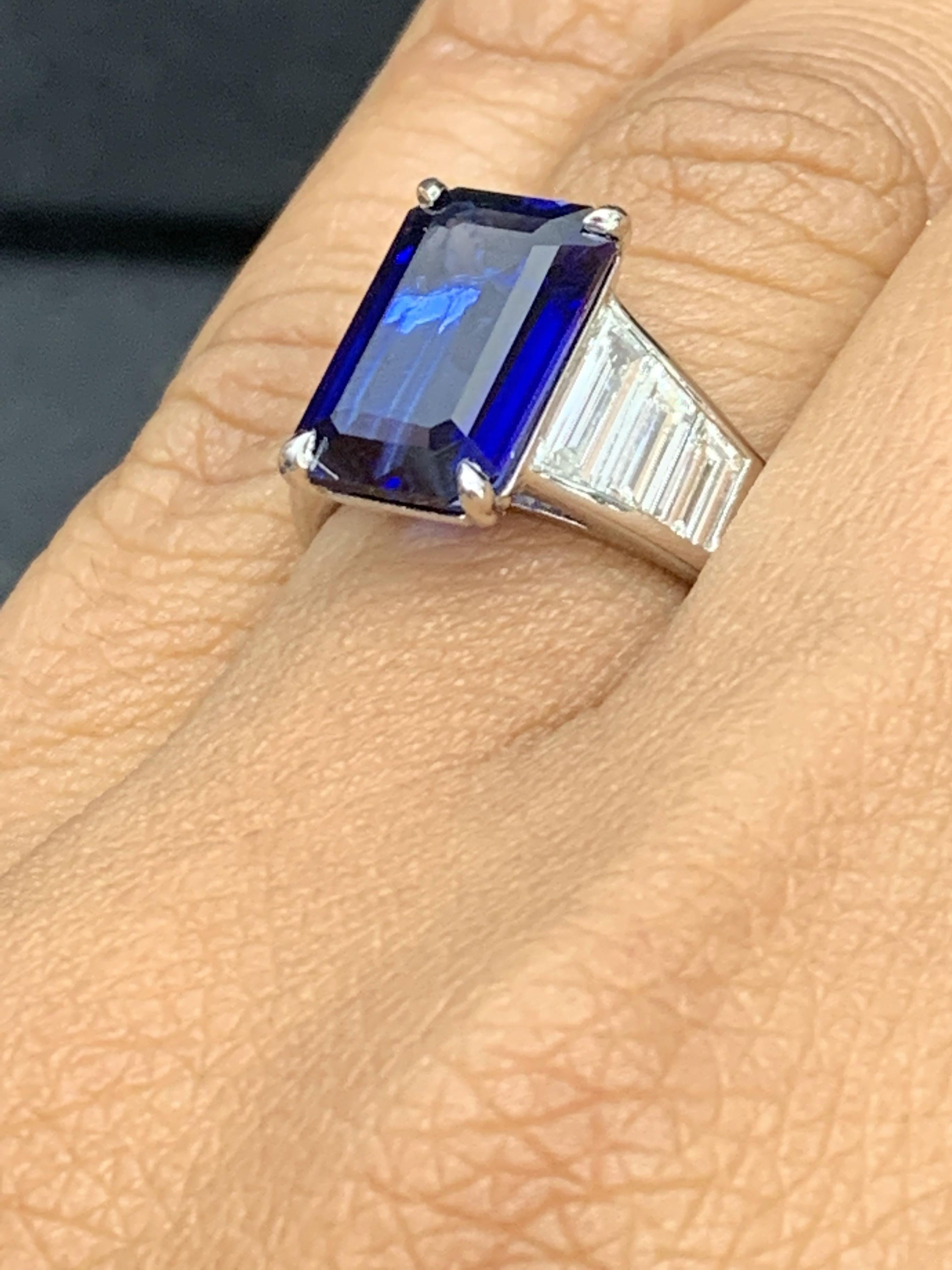 Certified 5.13 Carat Emerald Cut Sapphire Diamond Engagement Ring in Platinum In New Condition For Sale In NEW YORK, NY
