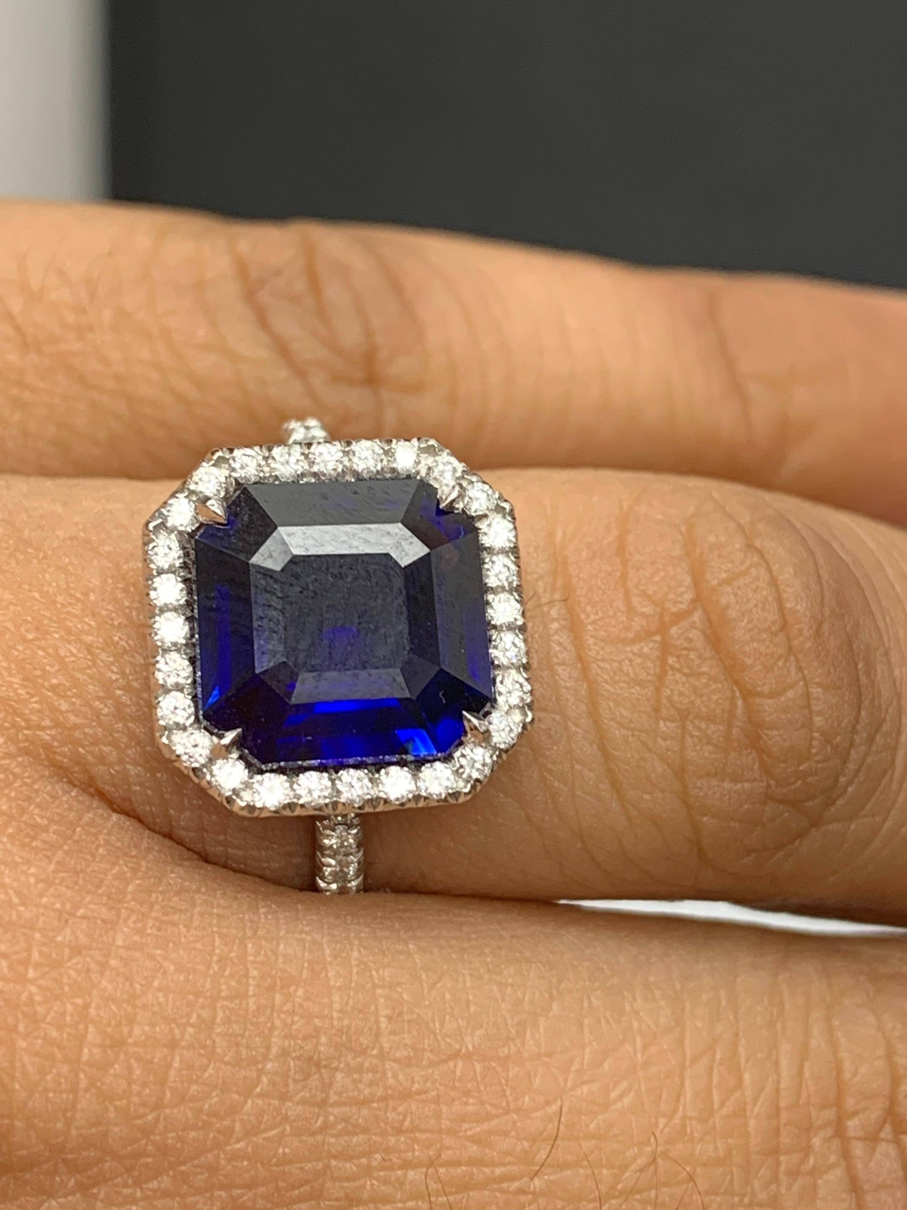 Emerald Cut CERTIFIED 5.14 Carat Step Cut Sapphire and Diamond Engagement Ring in Platinum For Sale