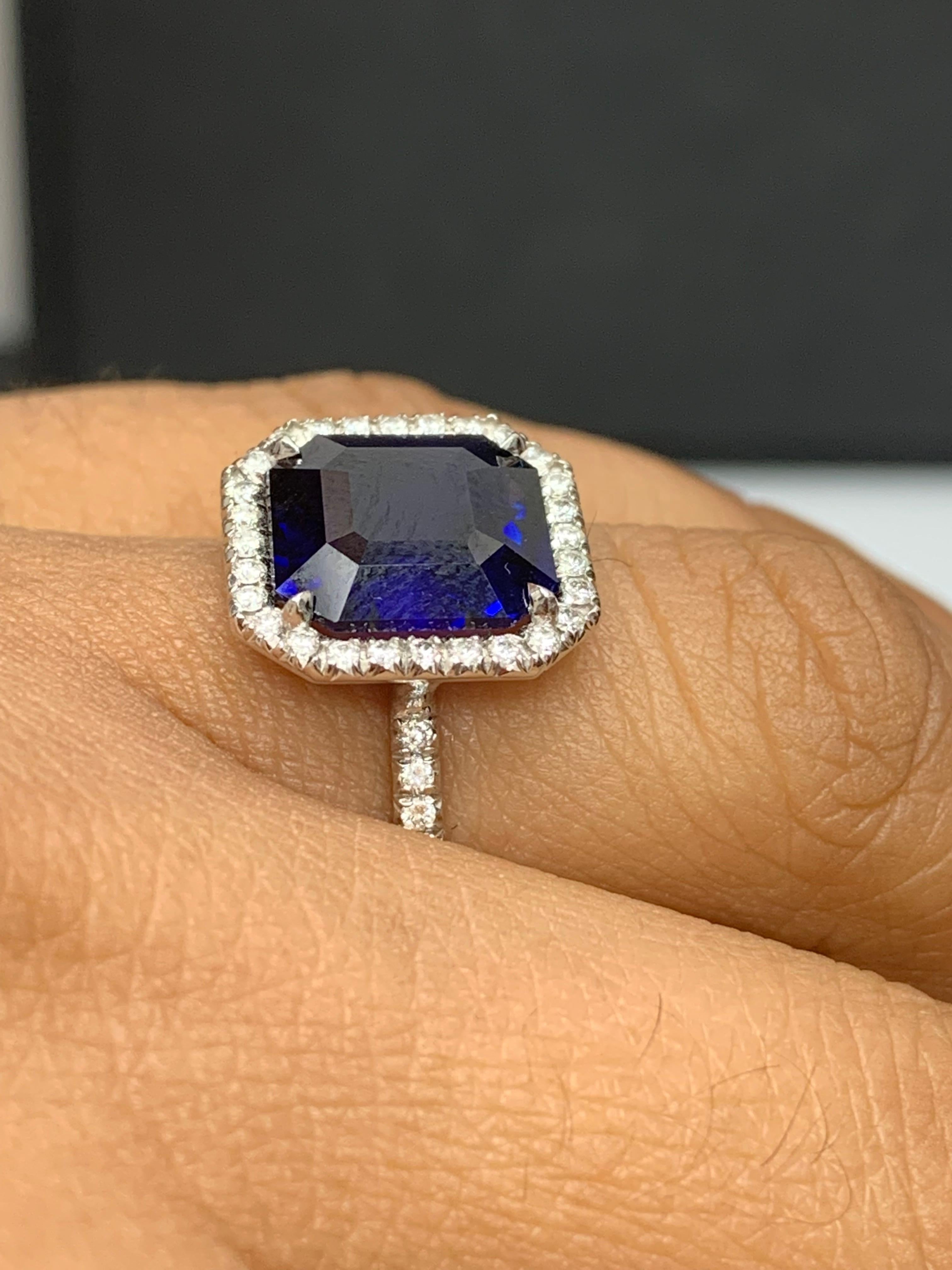 CERTIFIED 5.14 Carat Step Cut Sapphire and Diamond Engagement Ring in Platinum In New Condition For Sale In NEW YORK, NY