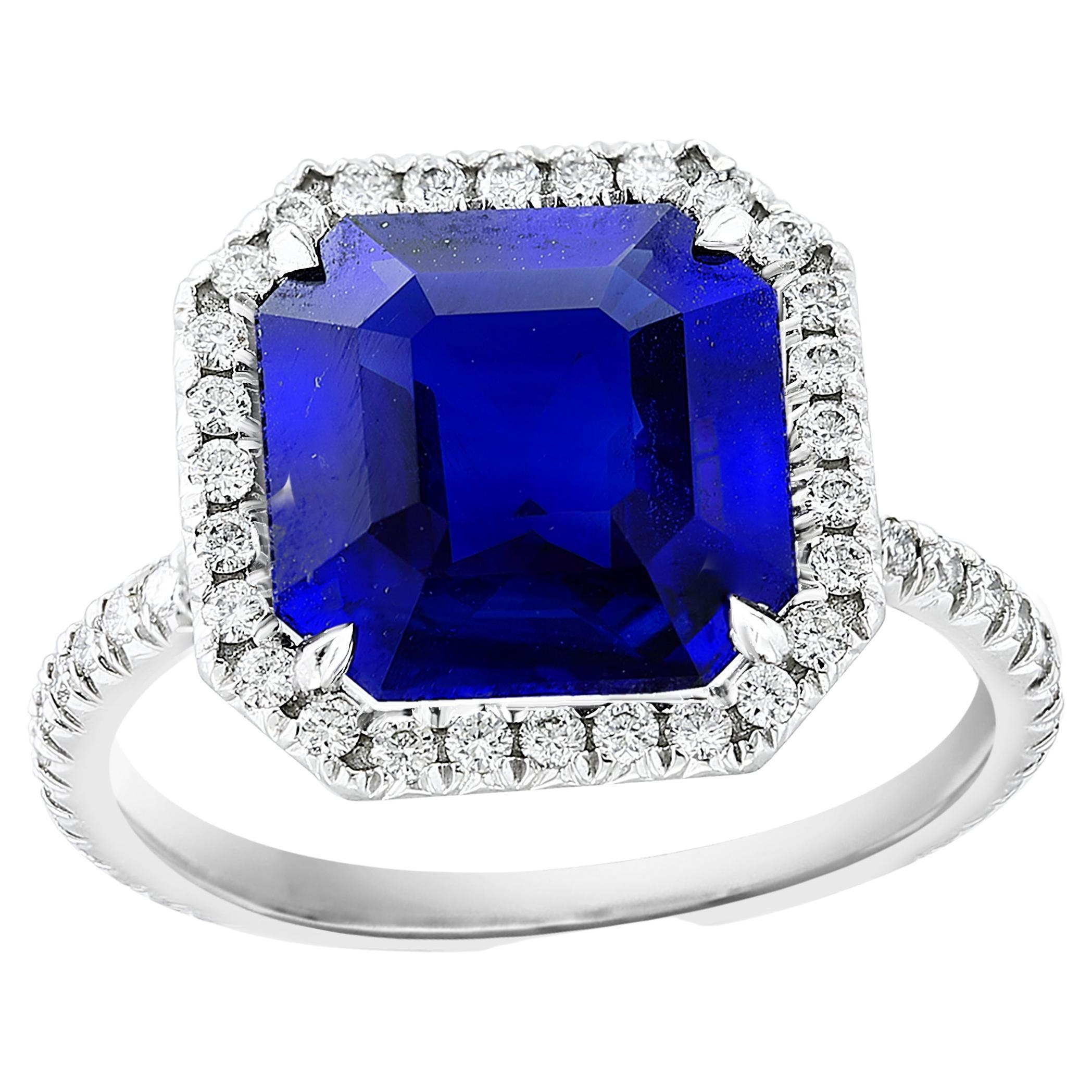 CERTIFIED 5.14 Carat Step Cut Sapphire and Diamond Engagement Ring in Platinum For Sale