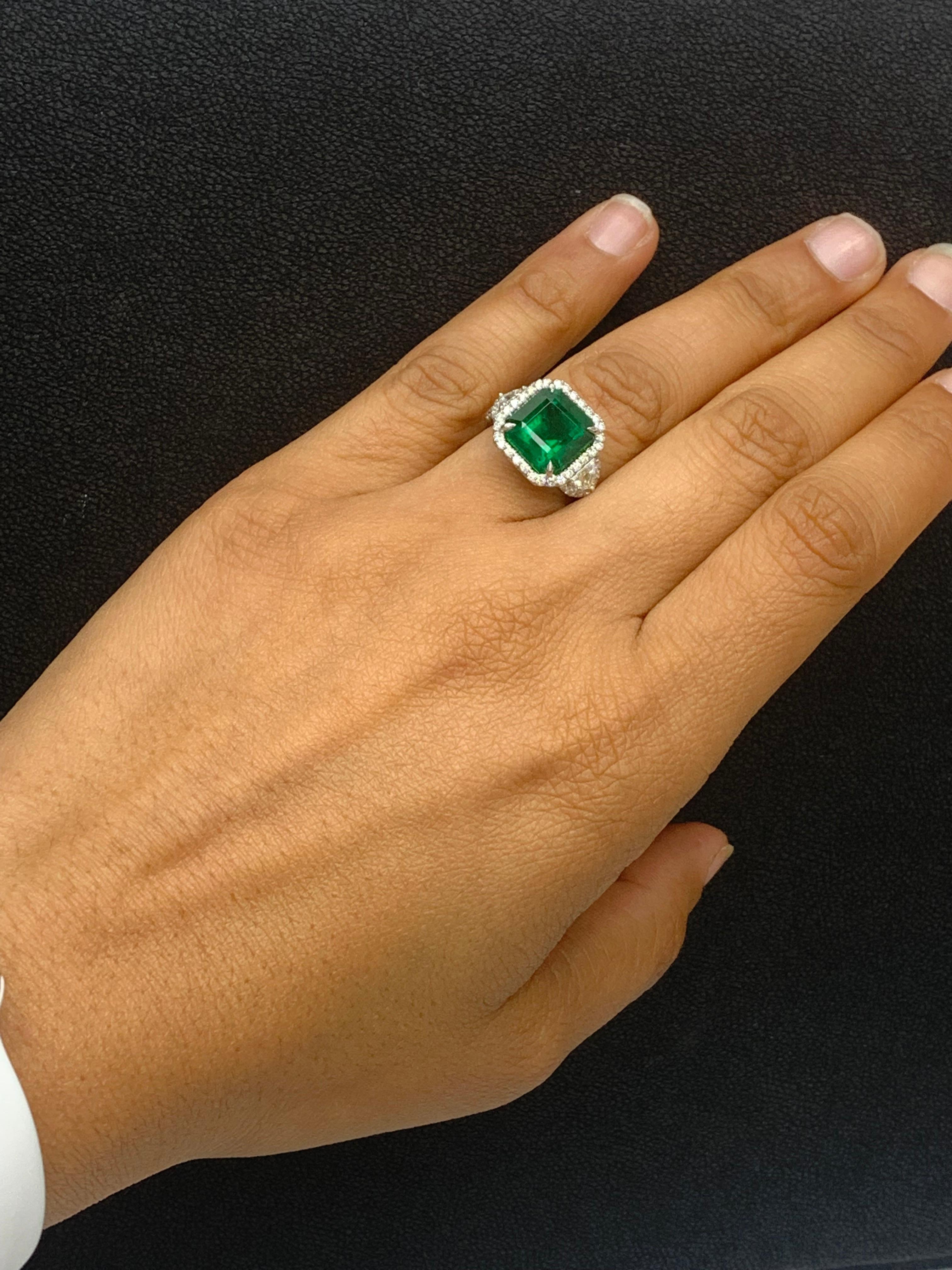 Certified 5.23 Carat Emerald Cut Emerald Diamond 3 Stone Halo Ring in Platinum For Sale 5