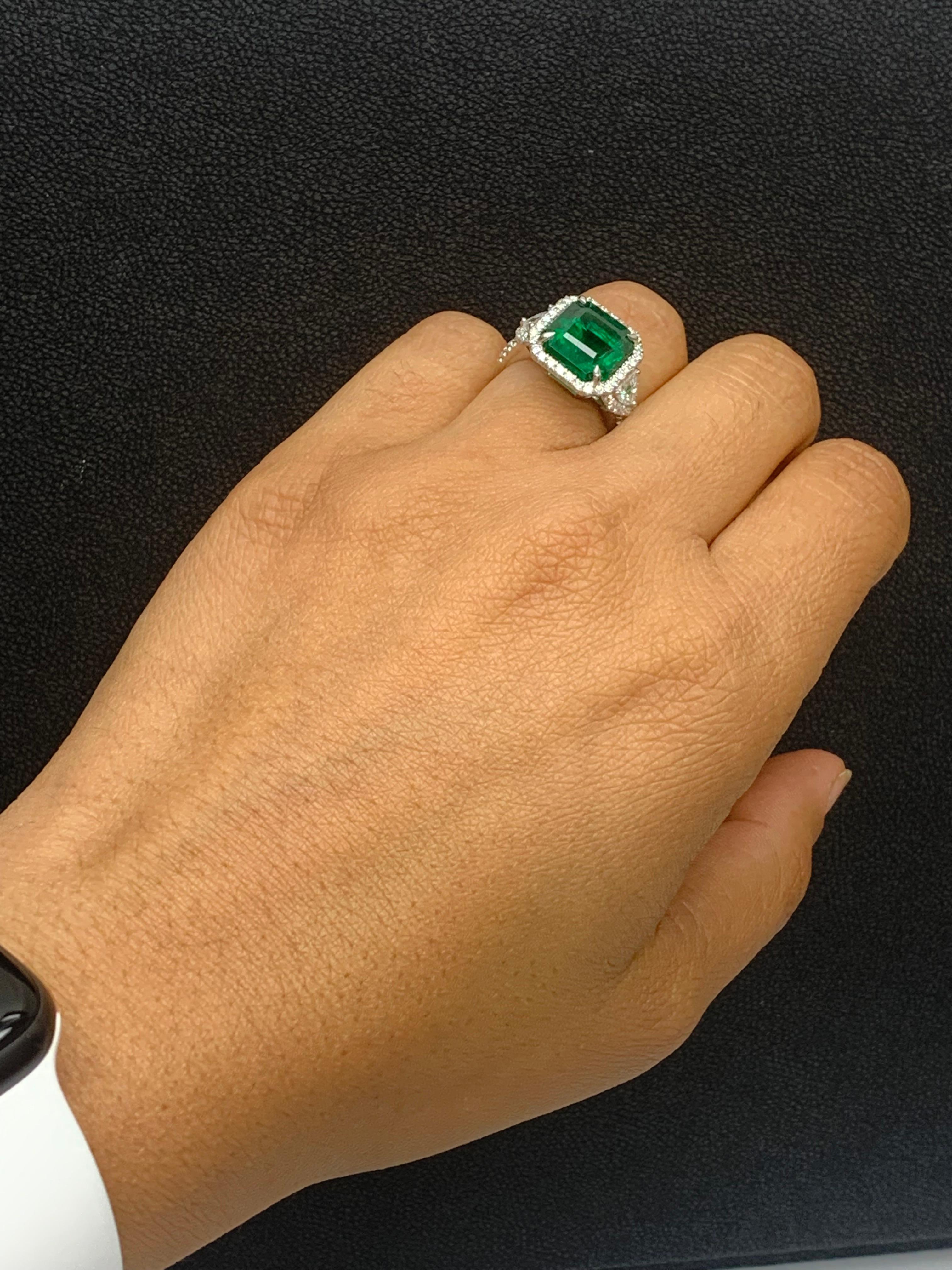 Certified 5.23 Carat Emerald Cut Emerald Diamond 3 Stone Halo Ring in Platinum For Sale 6