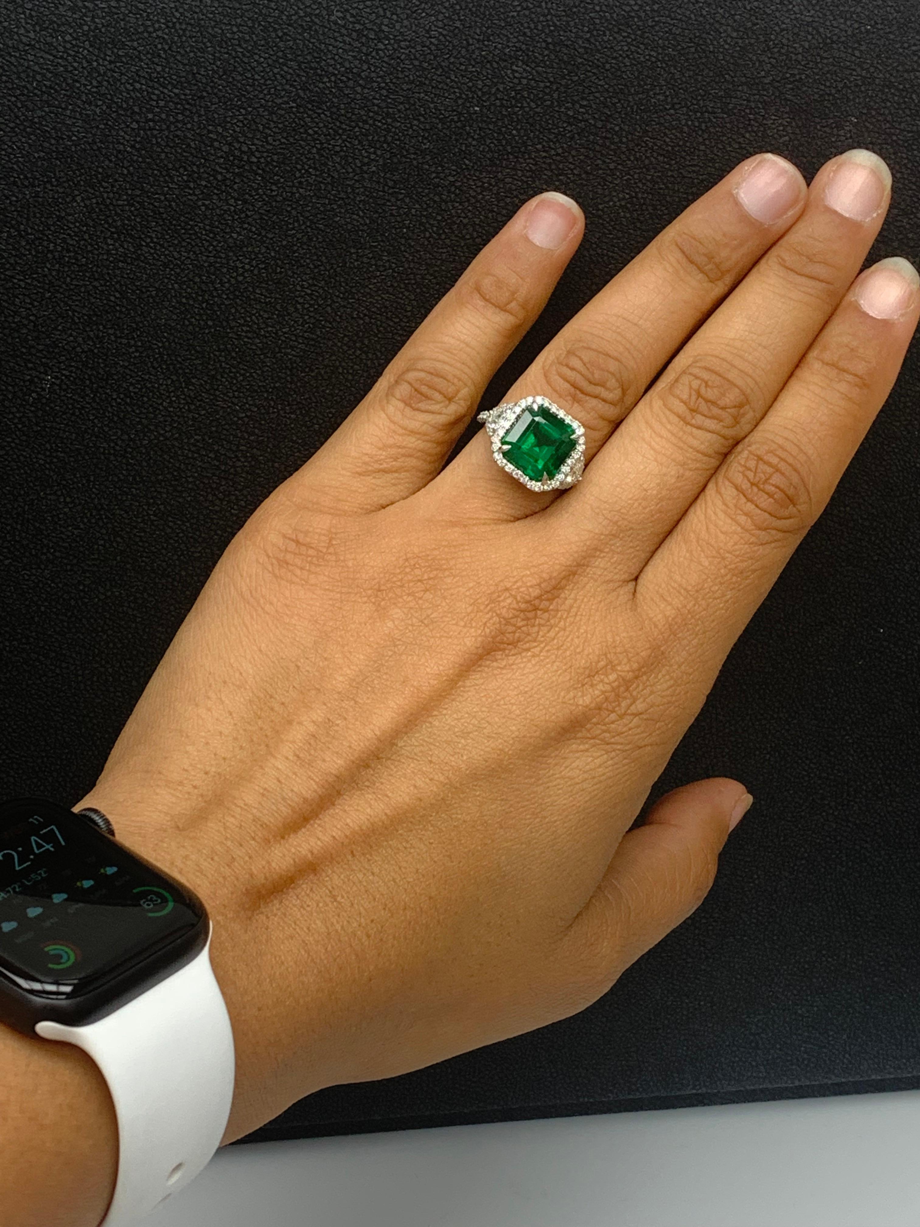 Certified 5.23 Carat Emerald Cut Emerald Diamond 3 Stone Halo Ring in Platinum For Sale 8