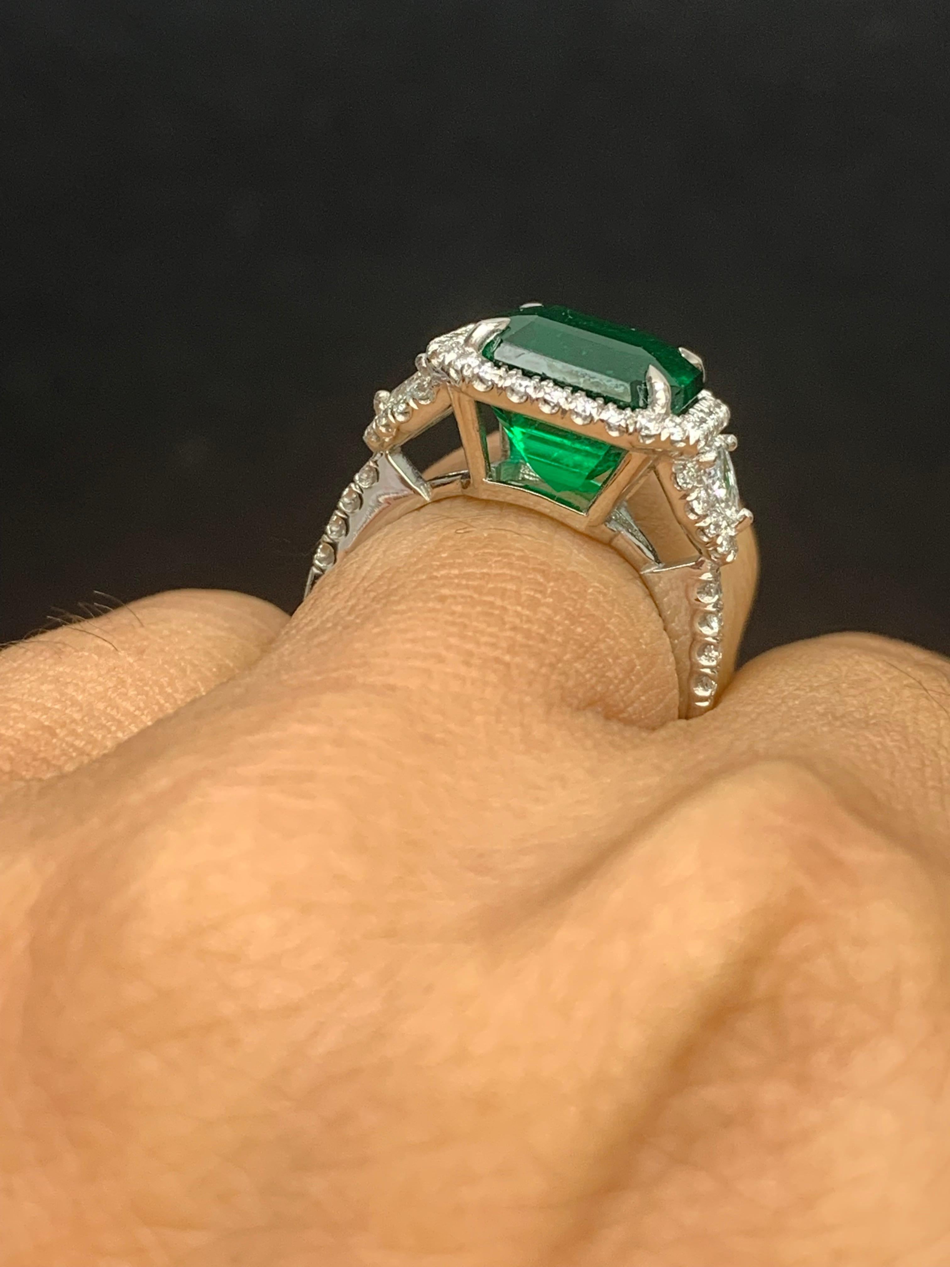 Certified 5.23 Carat Emerald Cut Emerald Diamond 3 Stone Halo Ring in Platinum For Sale 3
