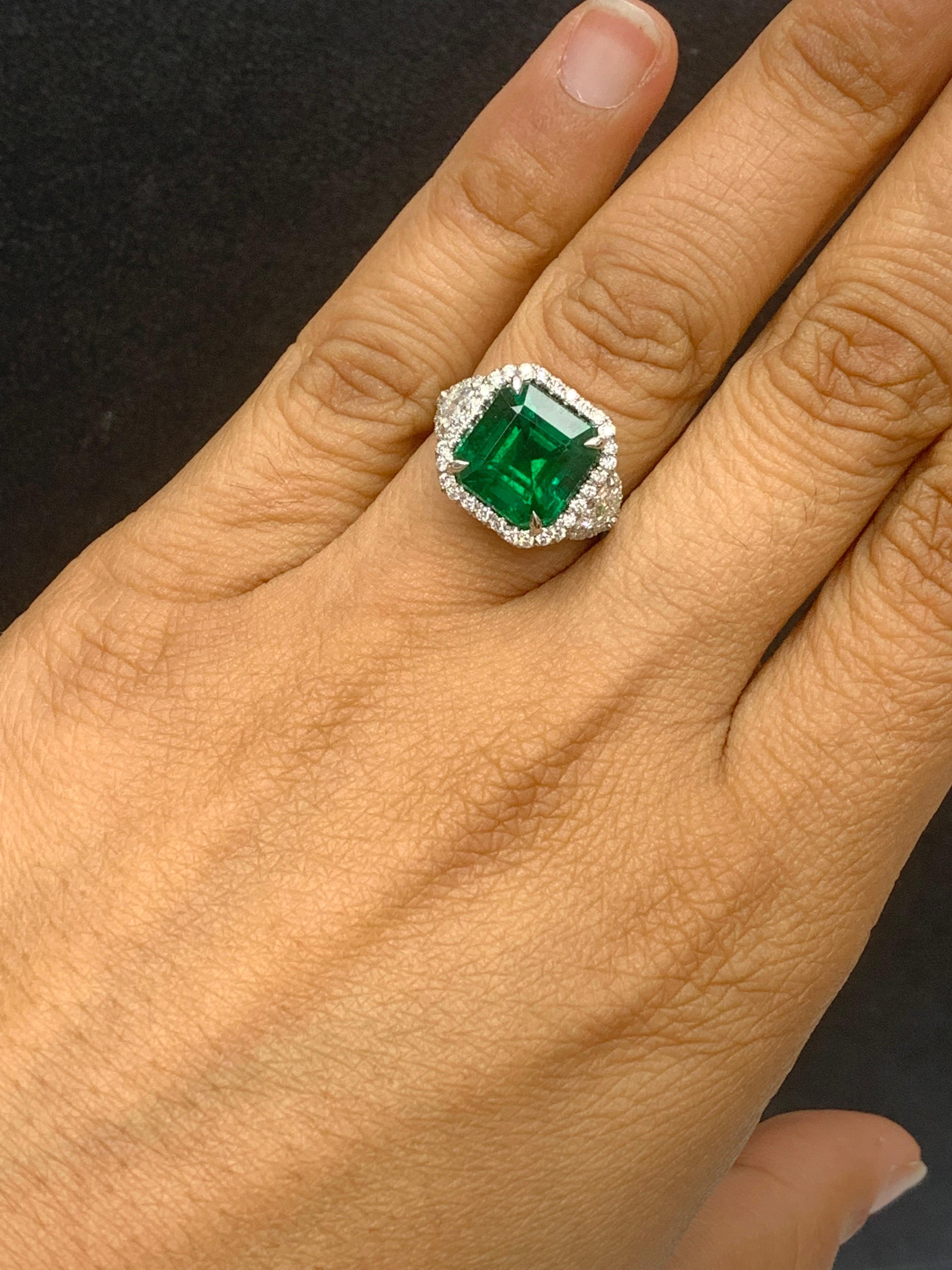 Certified 5.23 Carat Emerald Cut Emerald Diamond 3 Stone Halo Ring in Platinum For Sale 4