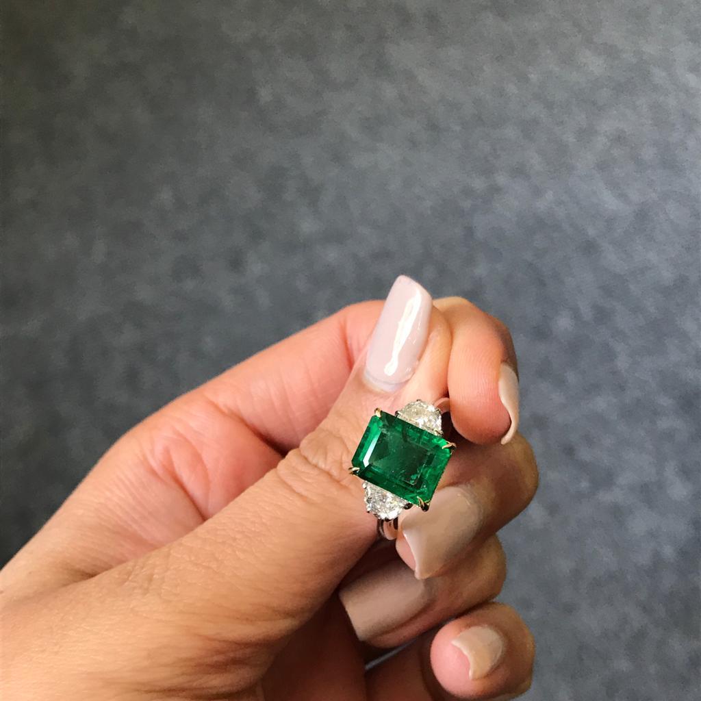 Modern Certified 5.28 Carat Emerald and Diamond Three-Stone Engagement Ring