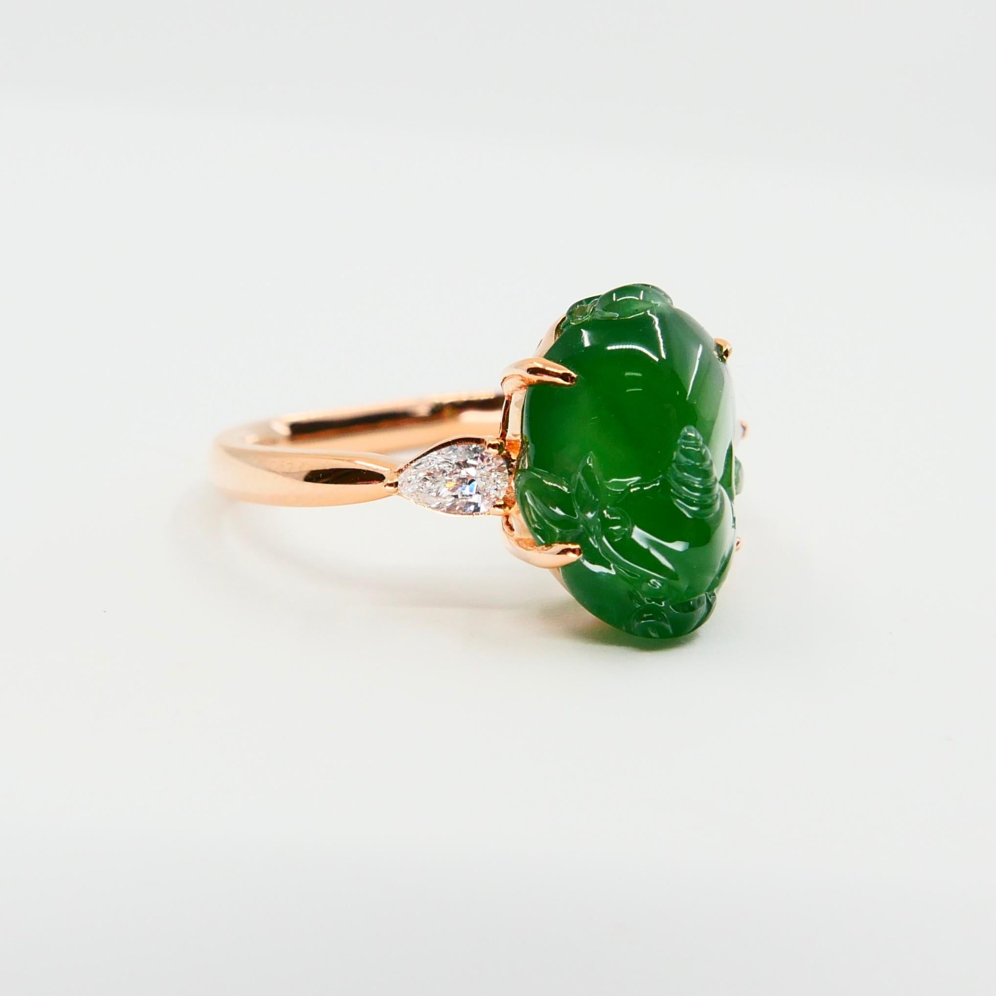 Certified 5.29 Carat Type A Jade and Diamond Cocktail Ring, Best Imperial Green 4