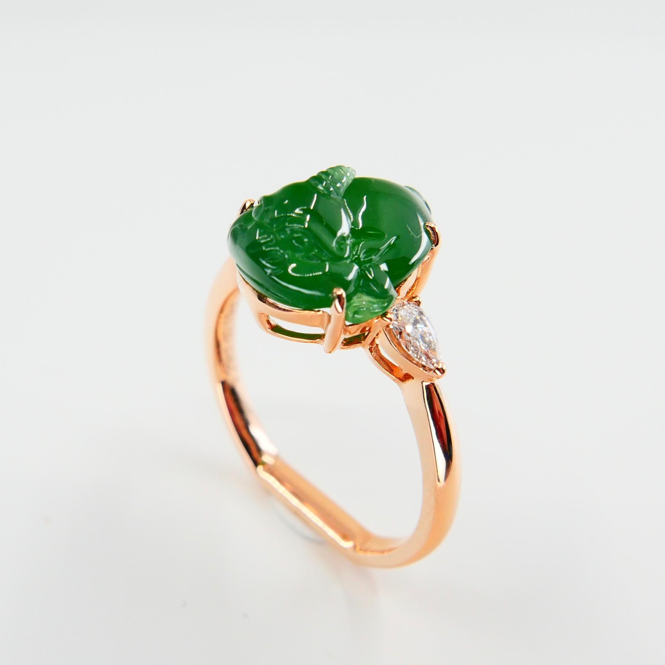Contemporary Certified 5.29 Carat Type A Jade and Diamond Cocktail Ring, Best Imperial Green