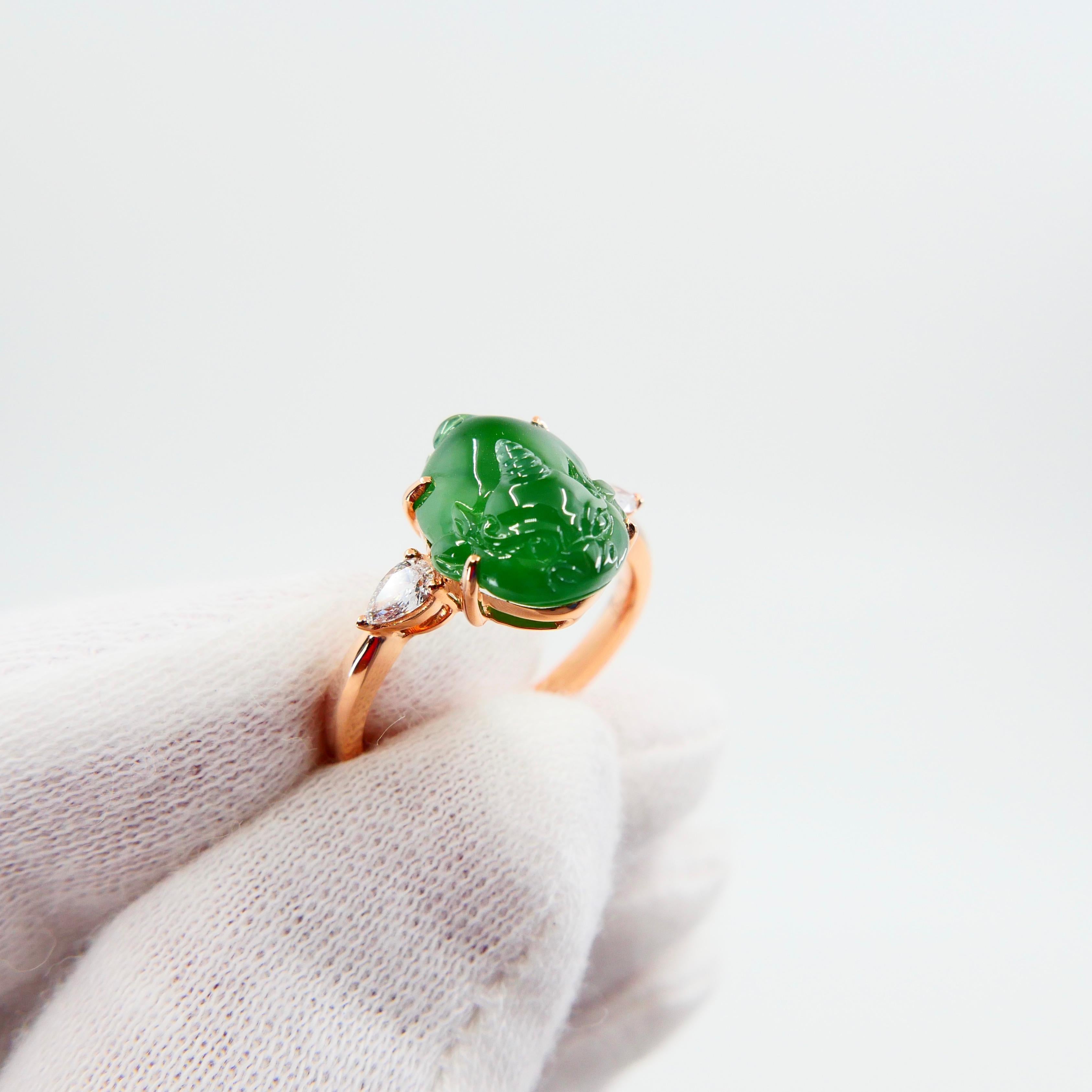 Rough Cut Certified 5.29 Carat Type A Jade and Diamond Cocktail Ring, Best Imperial Green