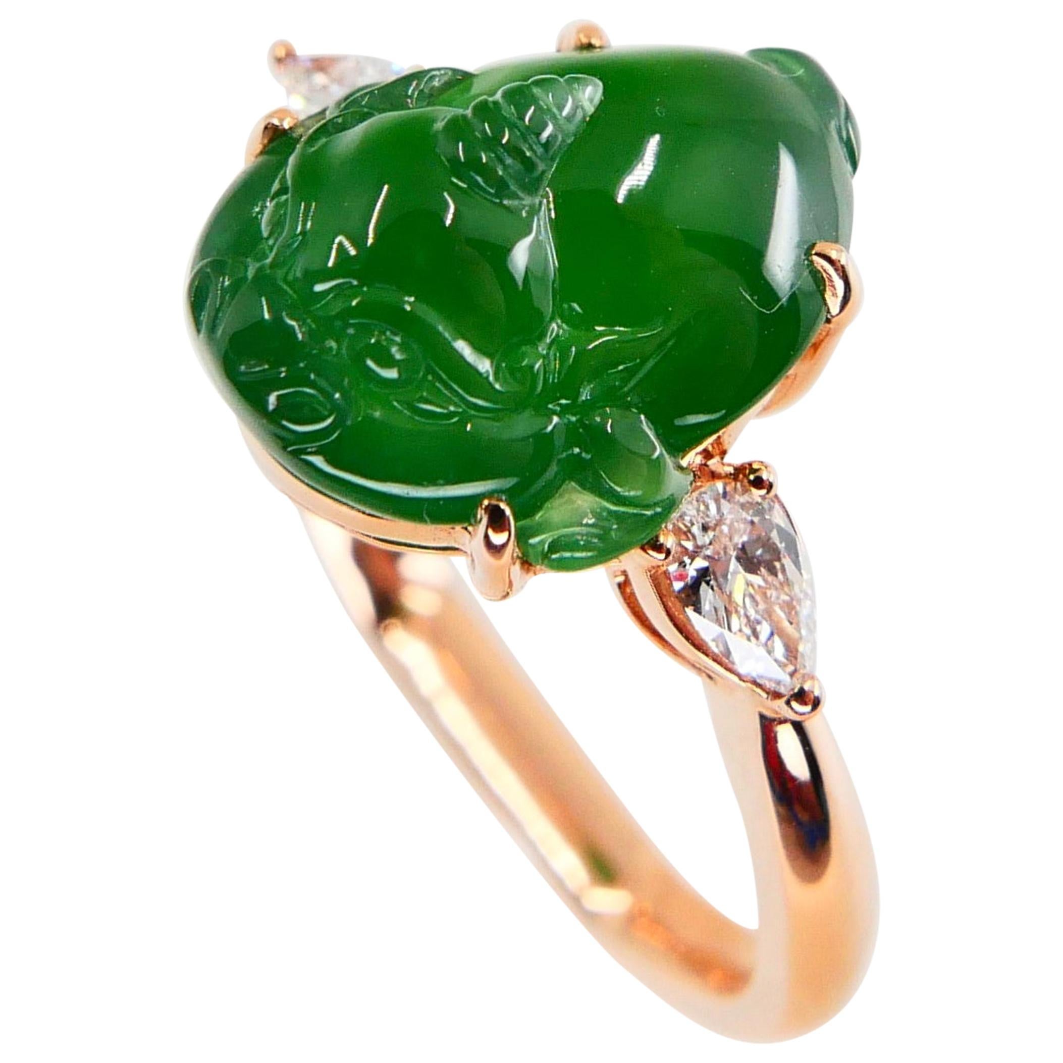Certified 5.29 Carat Type A Jade and Diamond Cocktail Ring, Best Imperial Green