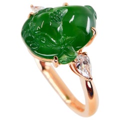 Certified 5.29 Carat Type A Jade and Diamond Cocktail Ring, Best Imperial Green