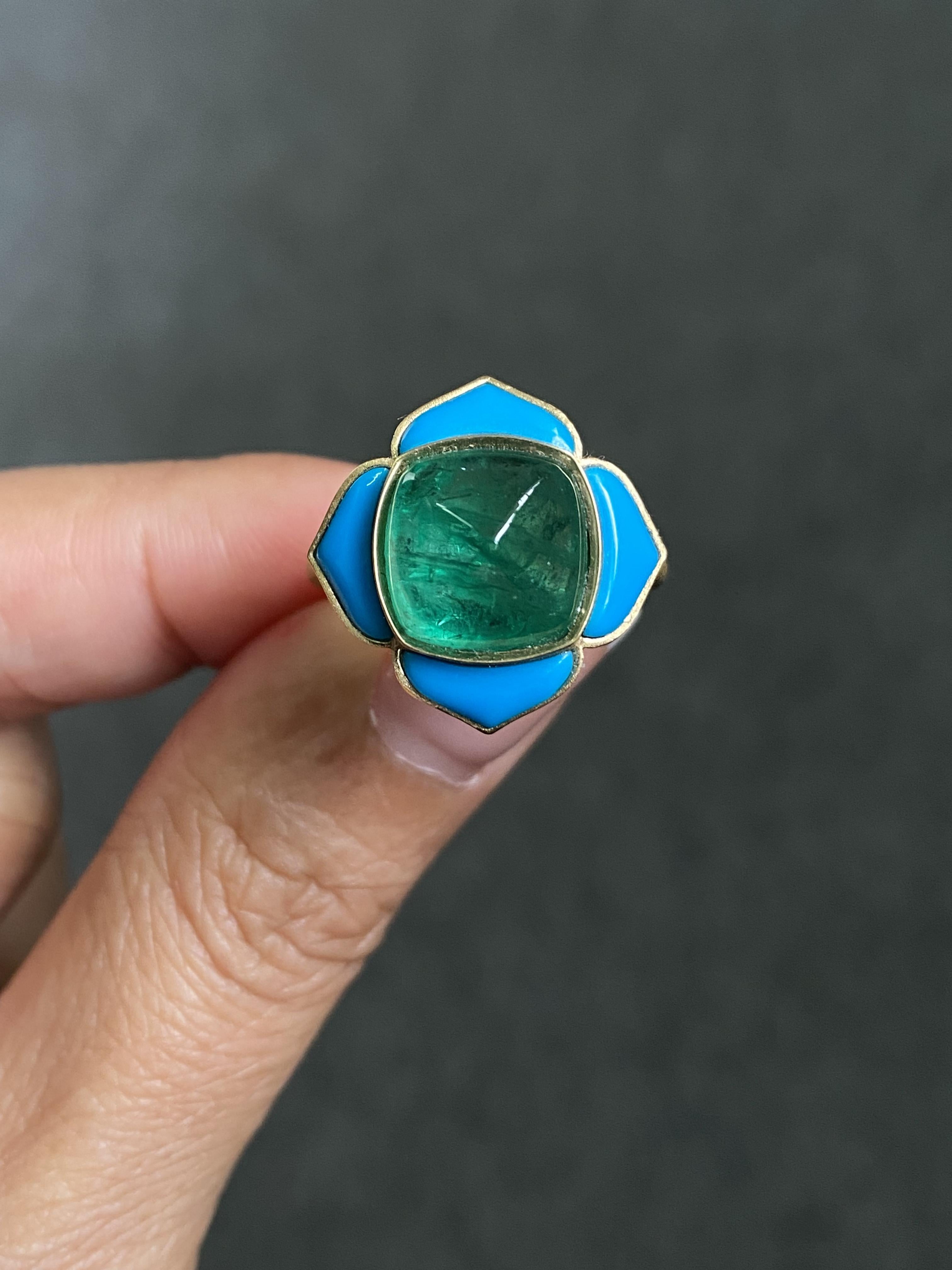 Certified 5.33 carat Emerald Sugarloaf Cabochon and Turquoise Cocktail Ring For Sale 6