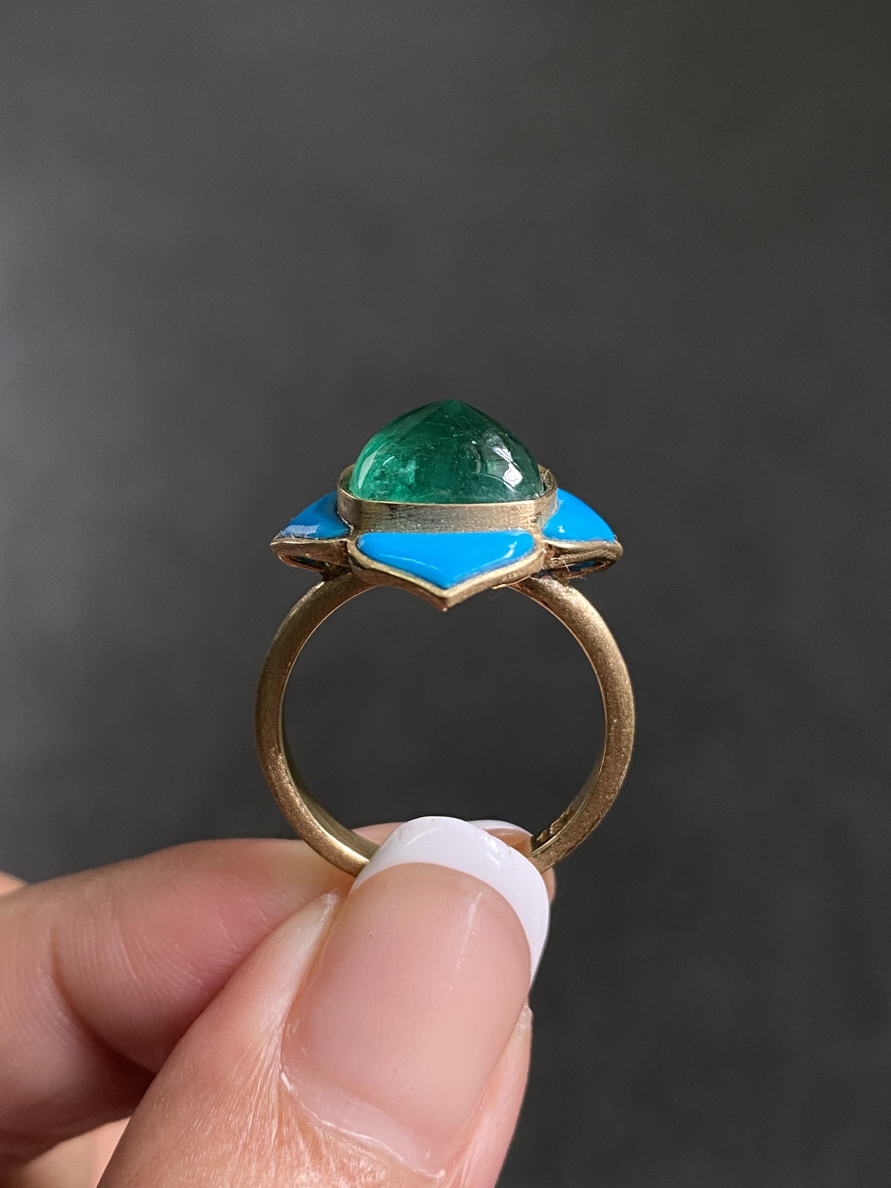 Certified 5.33 carat Emerald Sugarloaf Cabochon and Turquoise Cocktail Ring For Sale 7